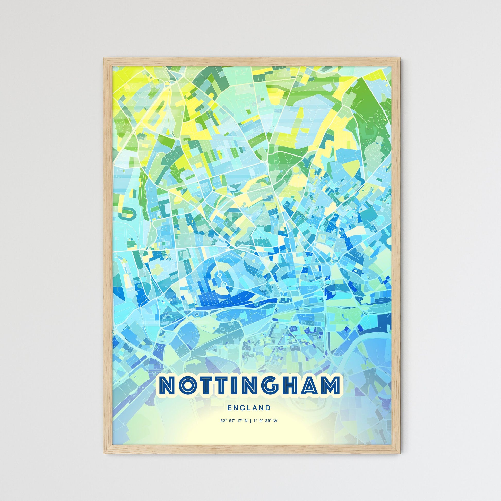 Colorful Nottingham England Fine Art Map Cool Blue