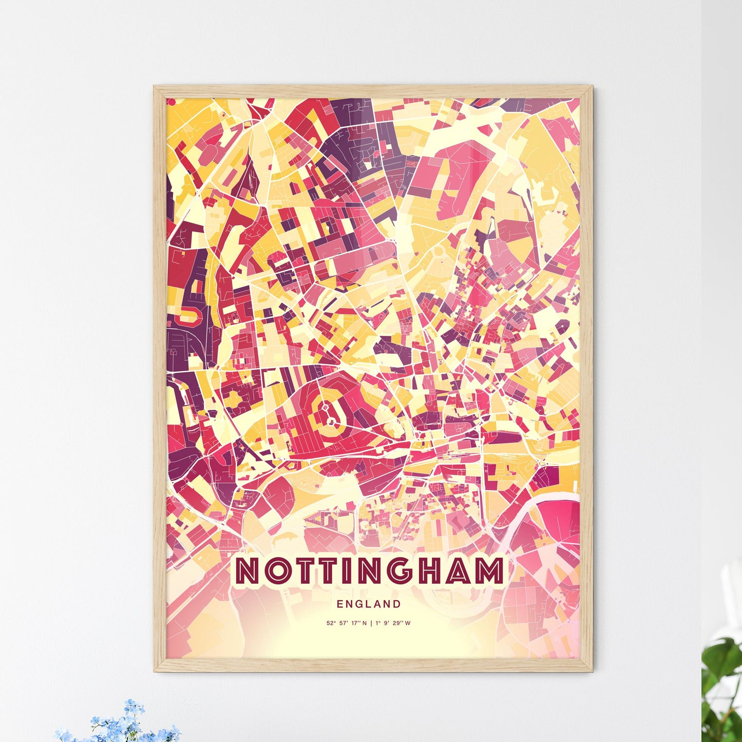 Colorful Nottingham England Fine Art Map Hot Red