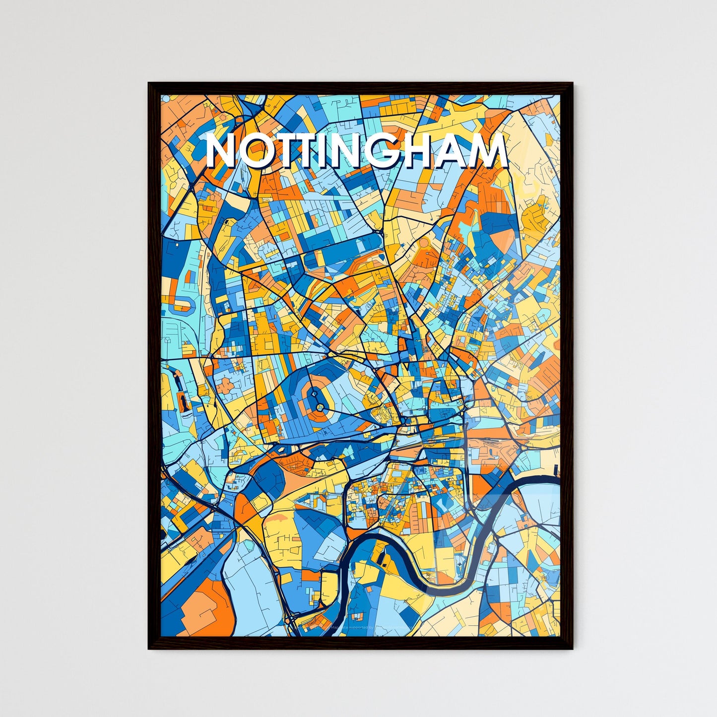 NOTTINGHAM ENGLAND Vibrant Colorful Art Map Poster Blue Orange