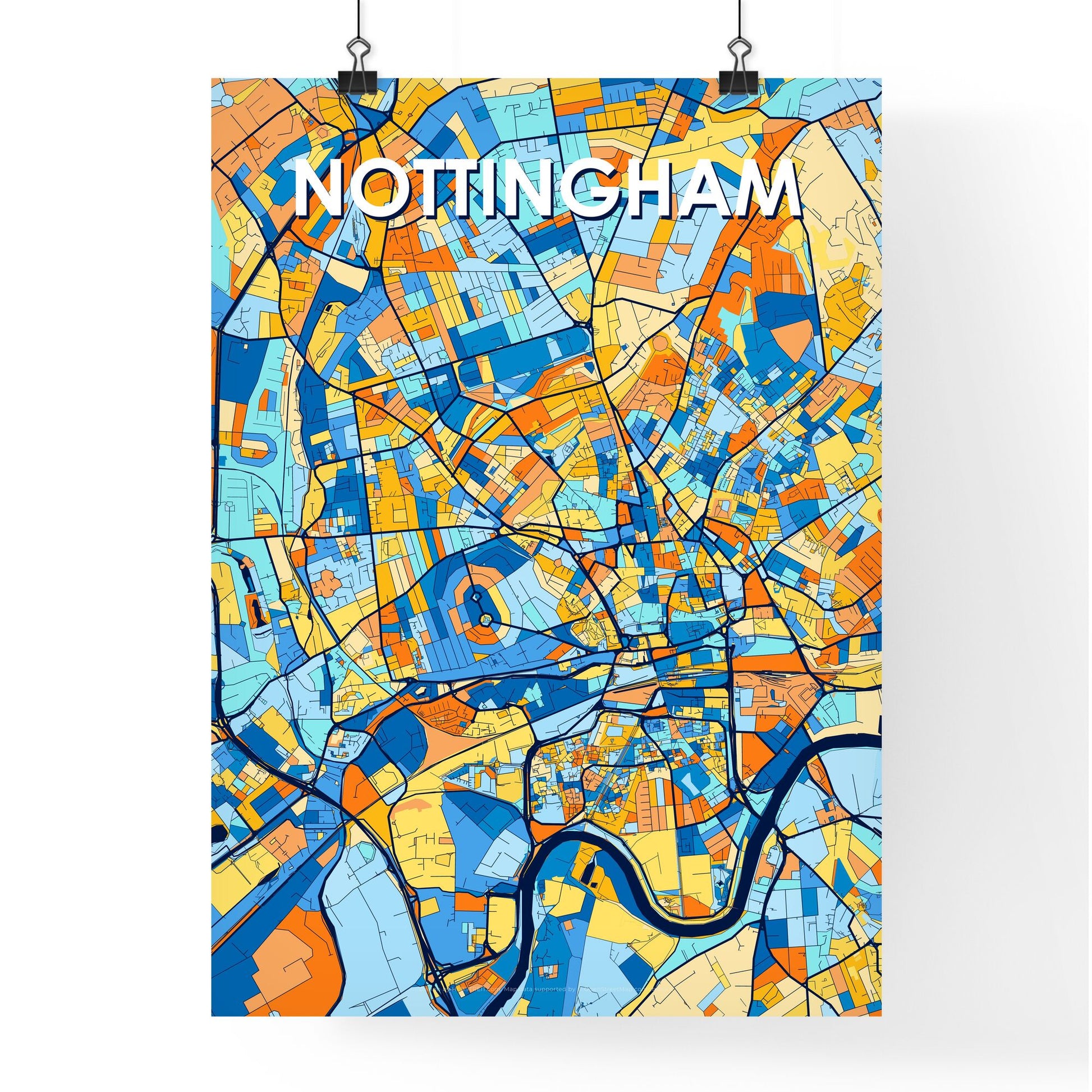 NOTTINGHAM ENGLAND Vibrant Colorful Art Map Poster Blue Orange