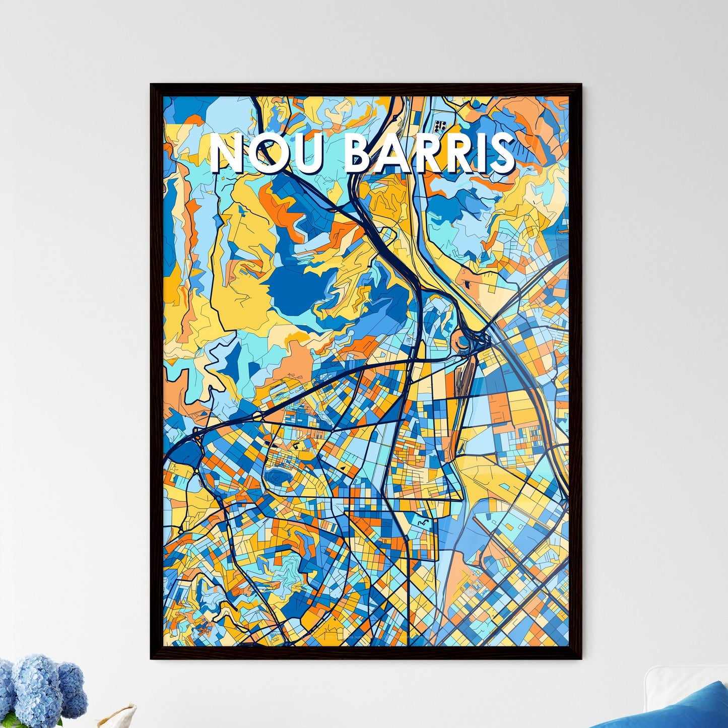 NOU BARRIS SPAIN Vibrant Colorful Art Map Poster Blue Orange