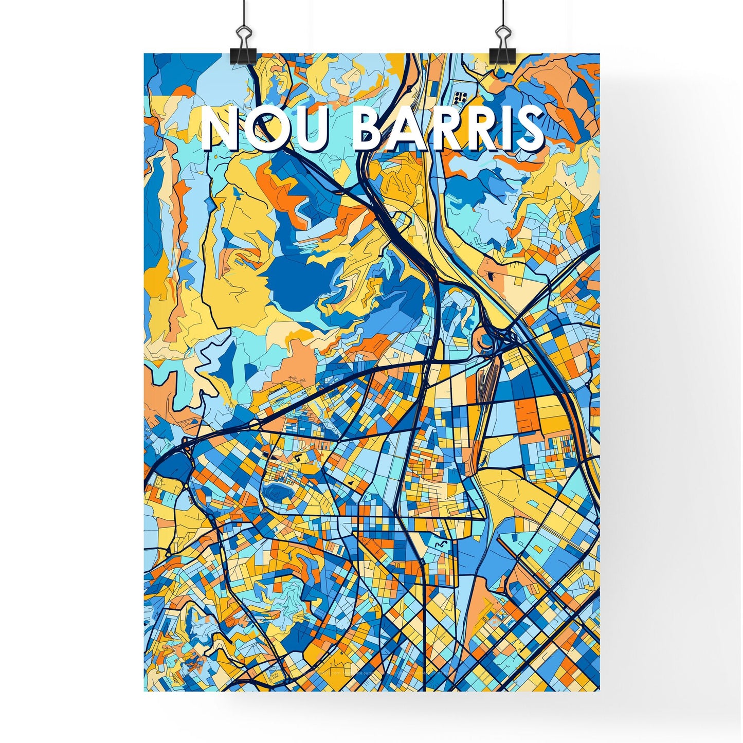 NOU BARRIS SPAIN Vibrant Colorful Art Map Poster Blue Orange