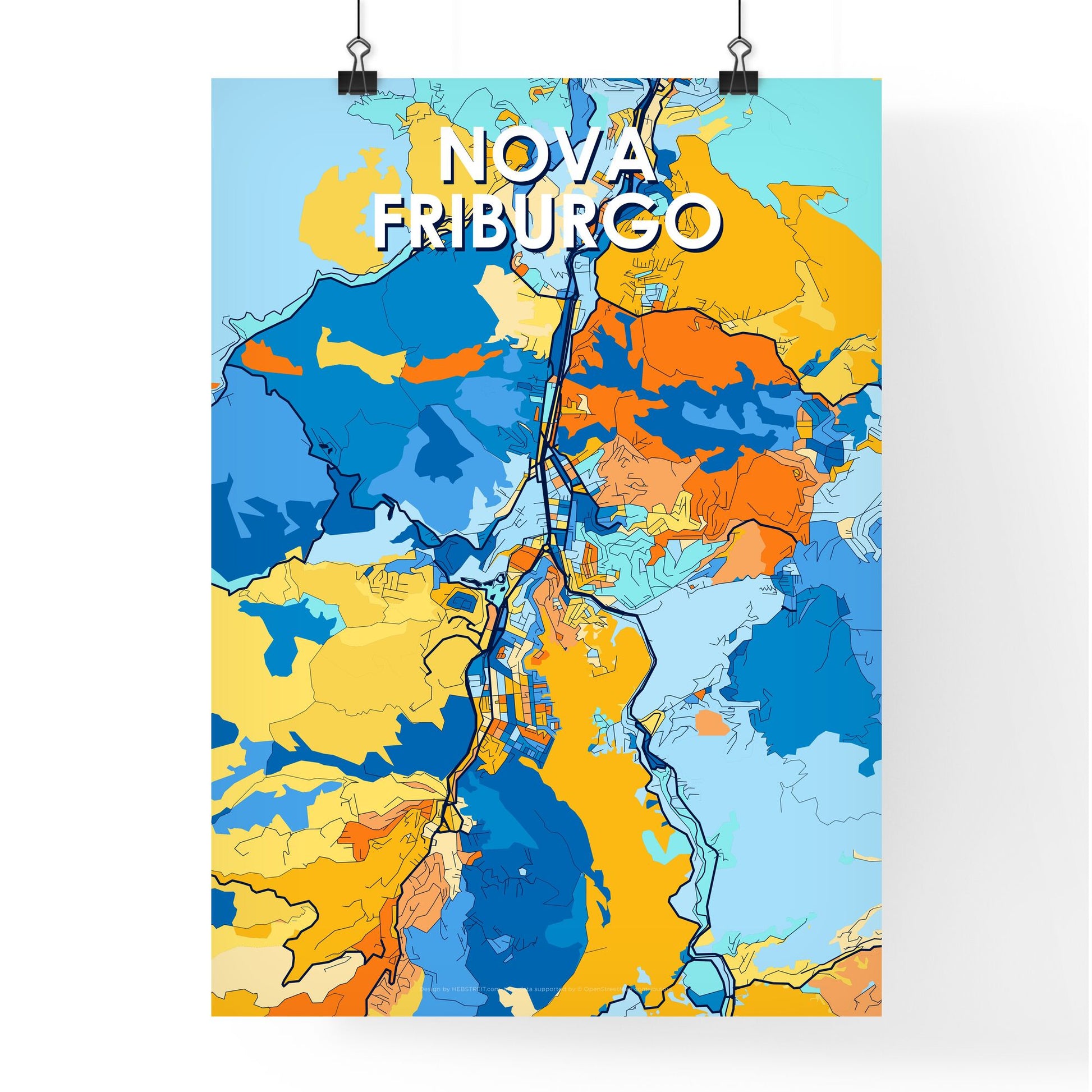 NOVA FRIBURGO BRAZIL Vibrant Colorful Art Map Poster Blue Orange