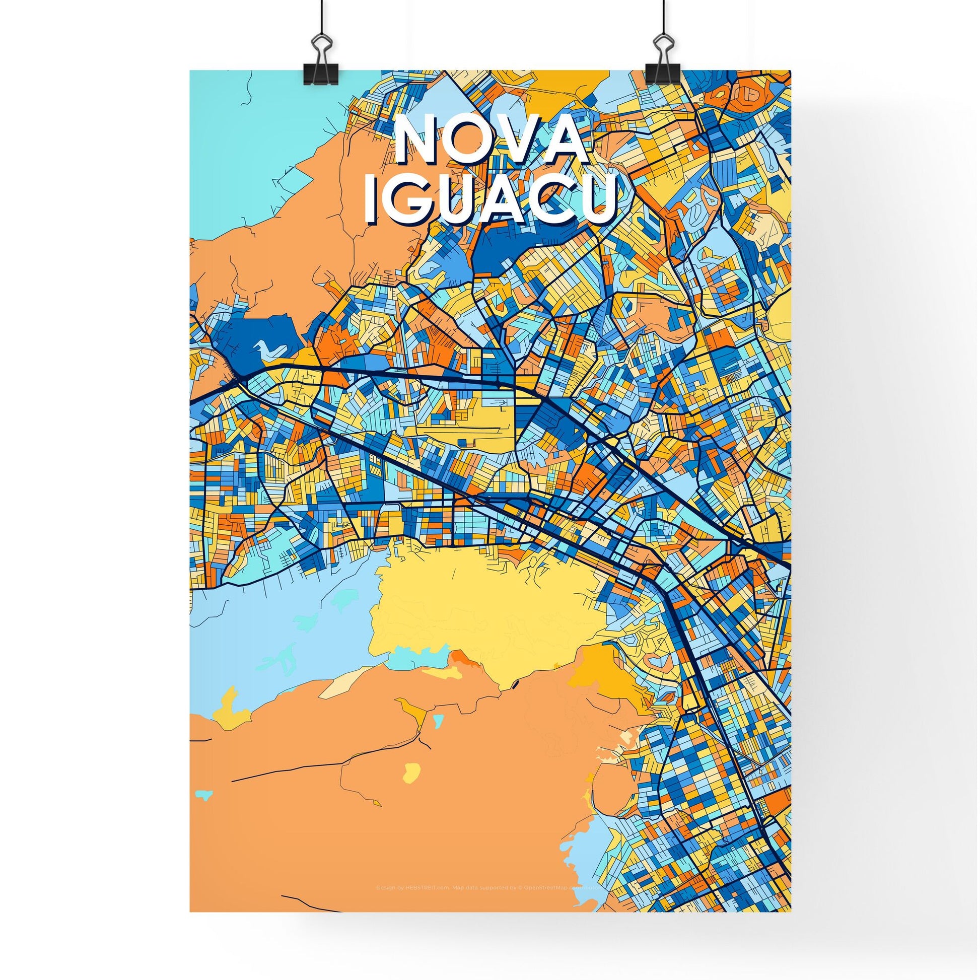 NOVA IGUACU BRAZIL Vibrant Colorful Art Map Poster Blue Orange