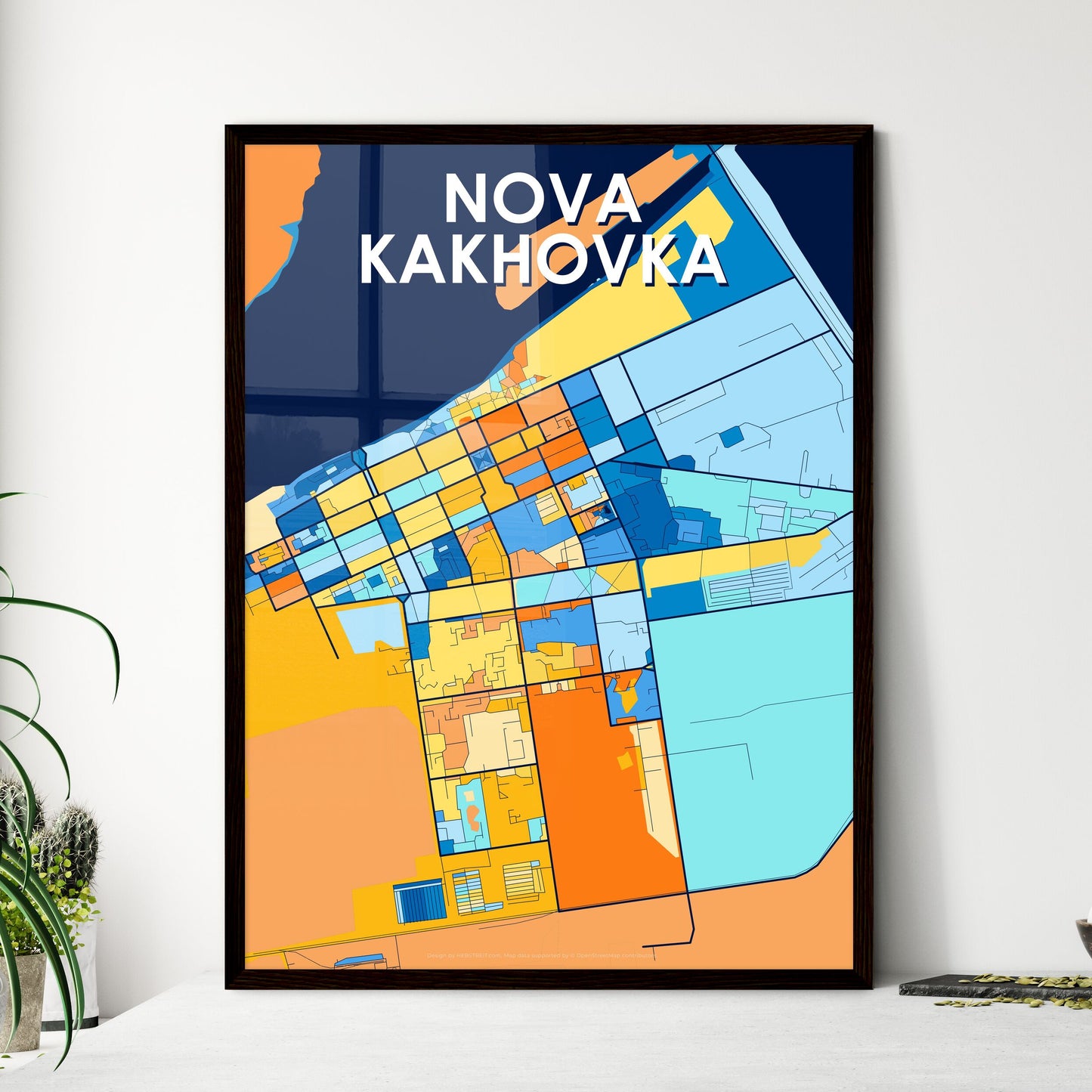 NOVA KAKHOVKA UKRAINE Vibrant Colorful Art Map Poster Blue Orange