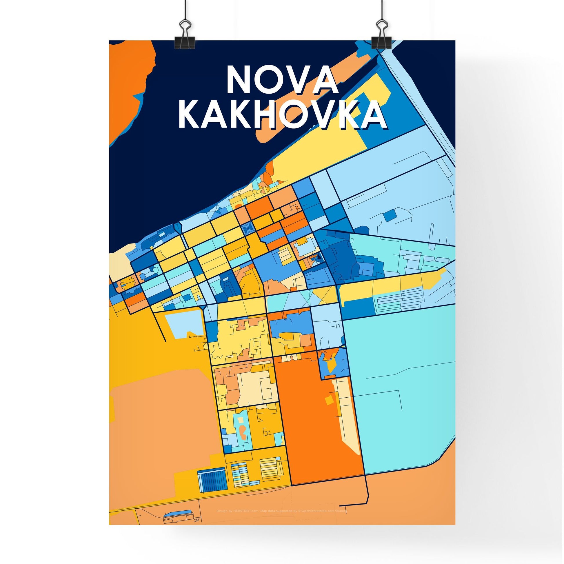 NOVA KAKHOVKA UKRAINE Vibrant Colorful Art Map Poster Blue Orange