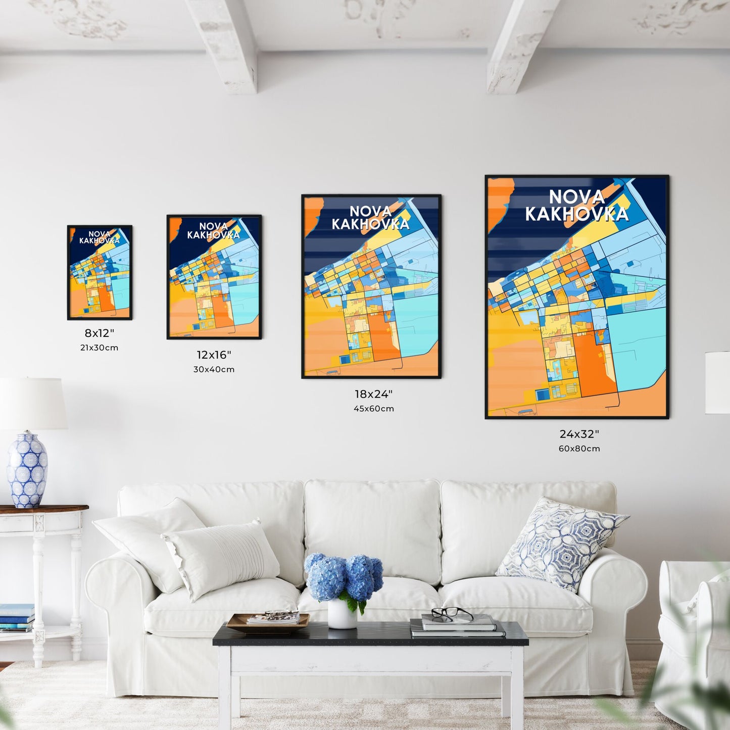 NOVA KAKHOVKA UKRAINE Vibrant Colorful Art Map Poster Blue Orange