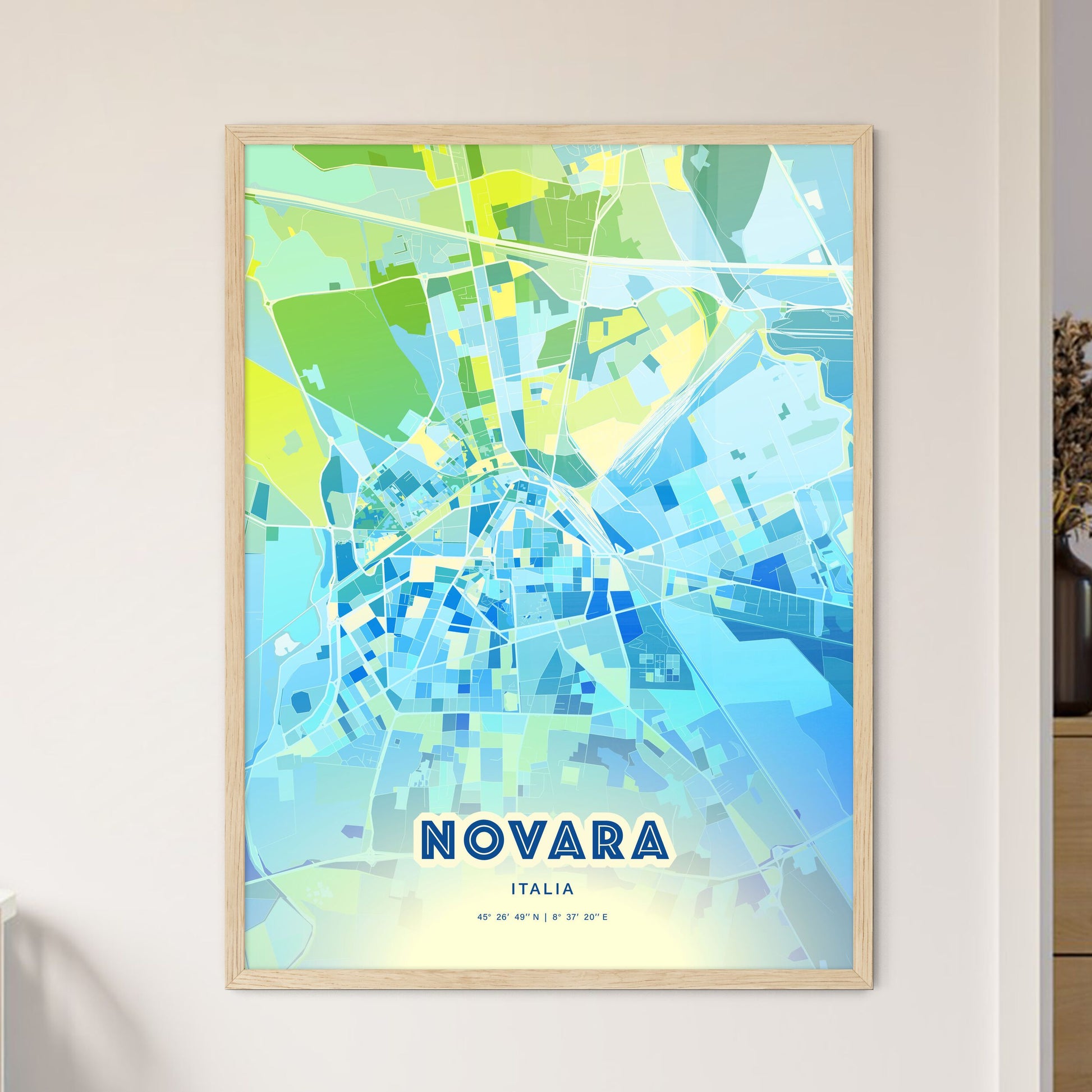 Colorful Novara Italy Fine Art Map Cool Blue