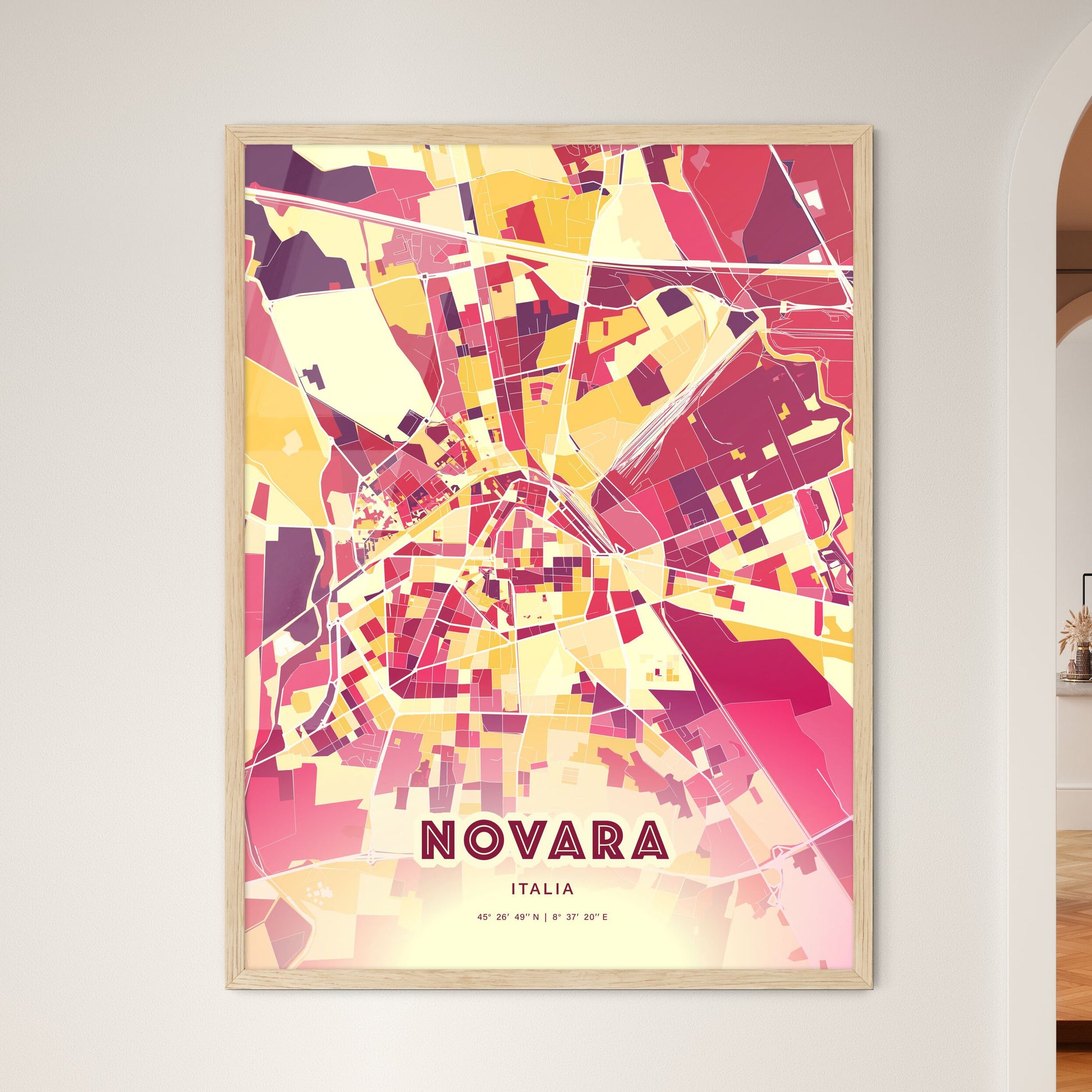 Colorful Novara Italy Fine Art Map Hot Red