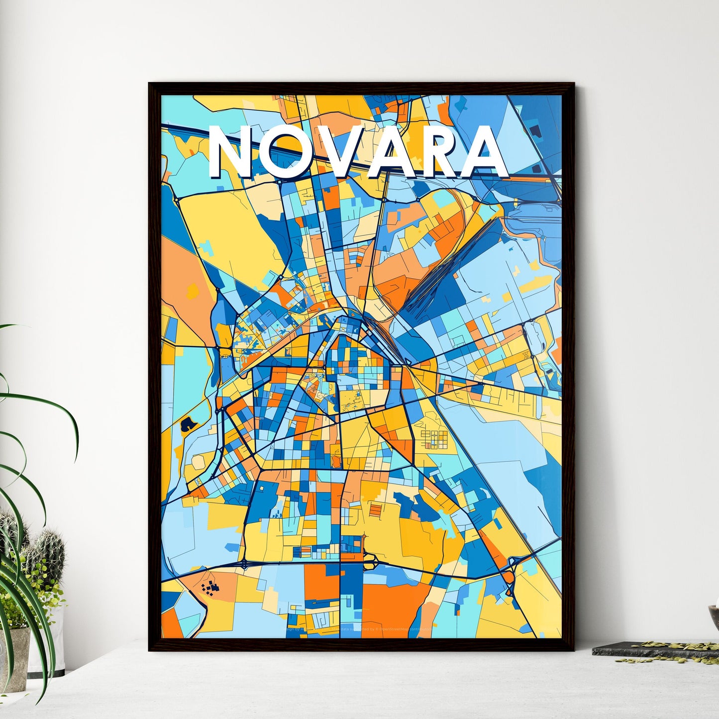 NOVARA ITALY Vibrant Colorful Art Map Poster Blue Orange