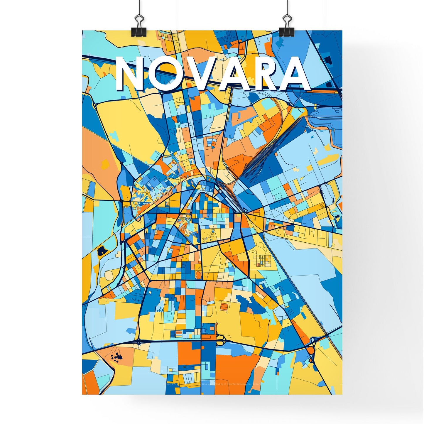 NOVARA ITALY Vibrant Colorful Art Map Poster Blue Orange