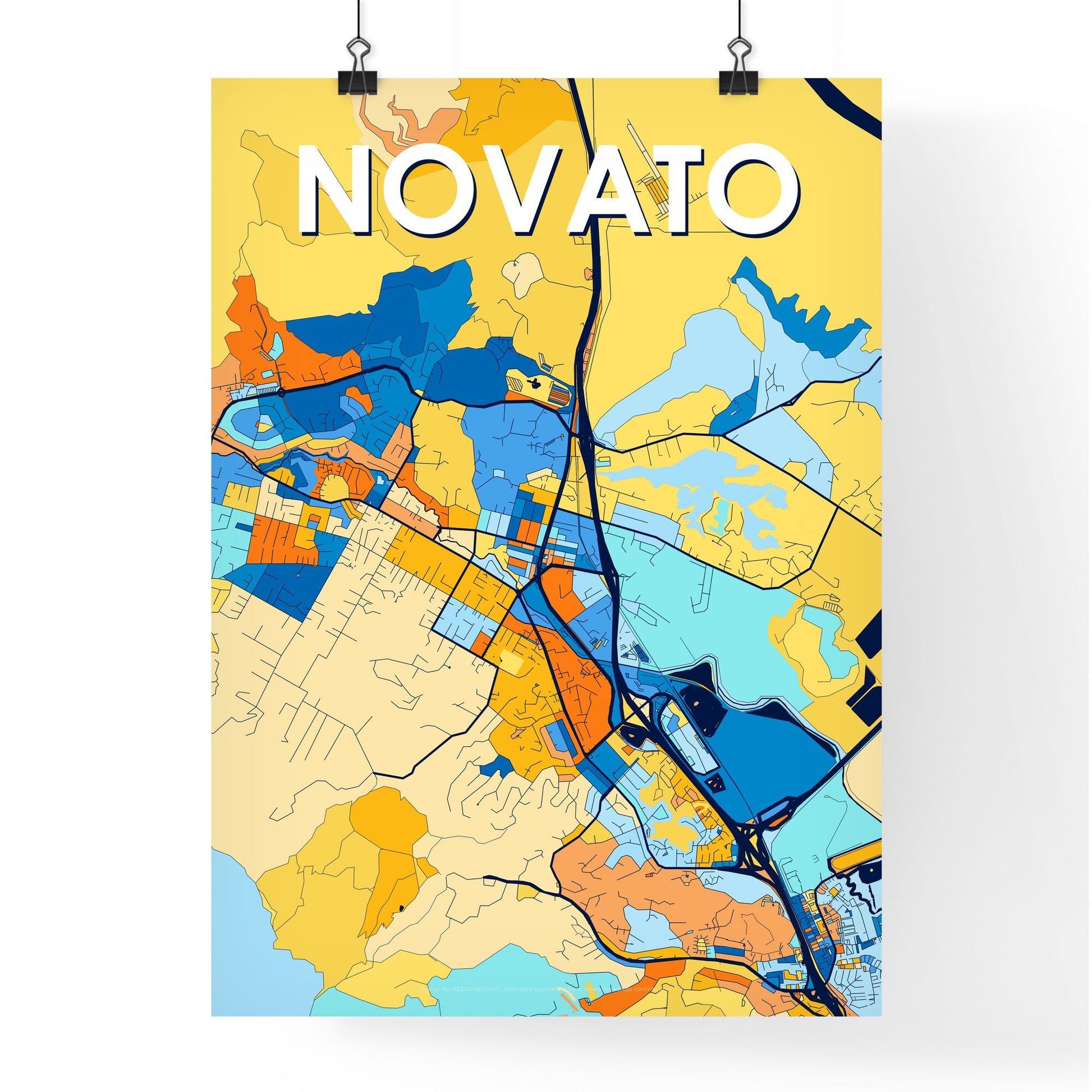 NOVATO CALIFORNIA Vibrant Colorful Art Map Poster Blue Orange