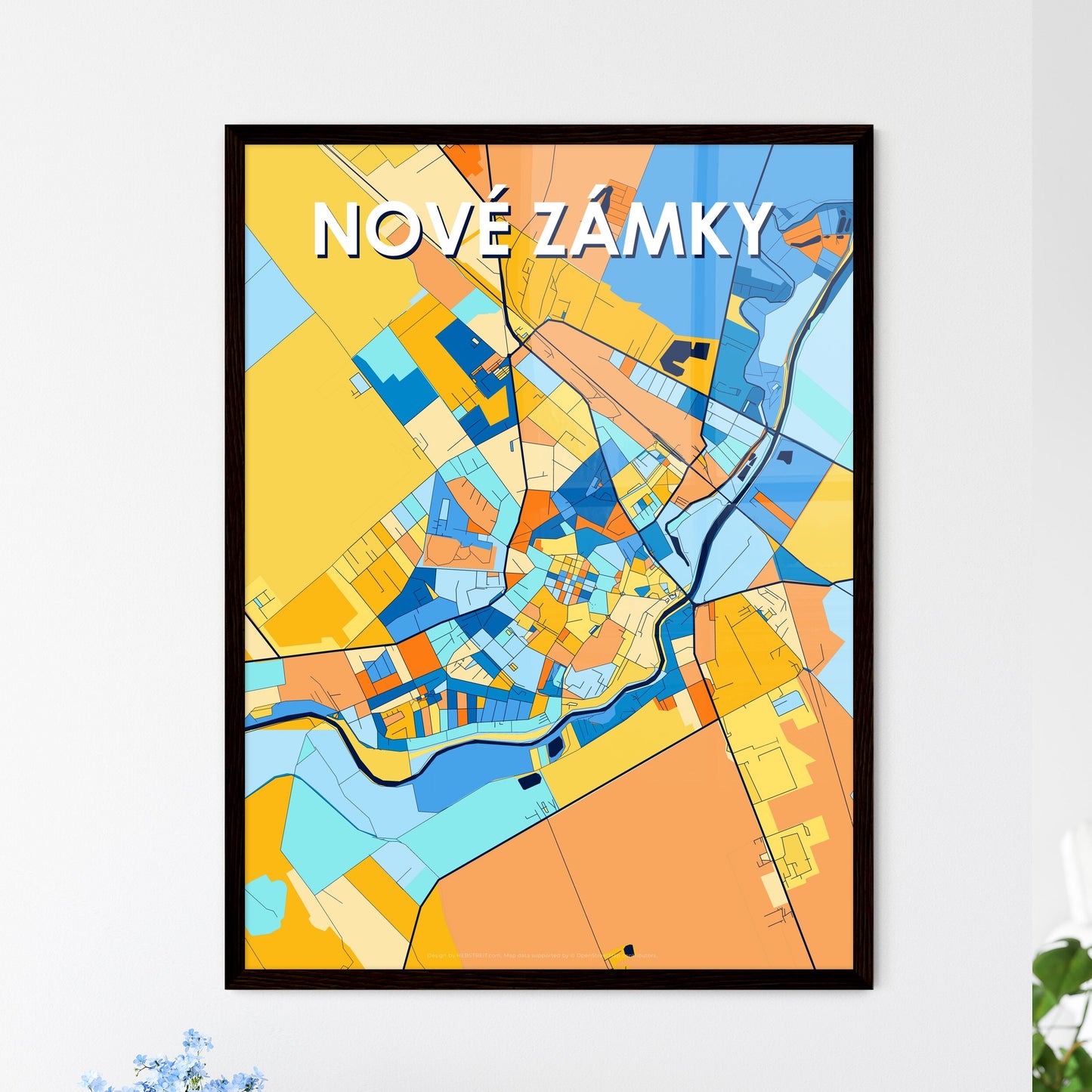 NOVÉ ZÁMKY SLOVAKIA Vibrant Colorful Art Map Poster Blue Orange