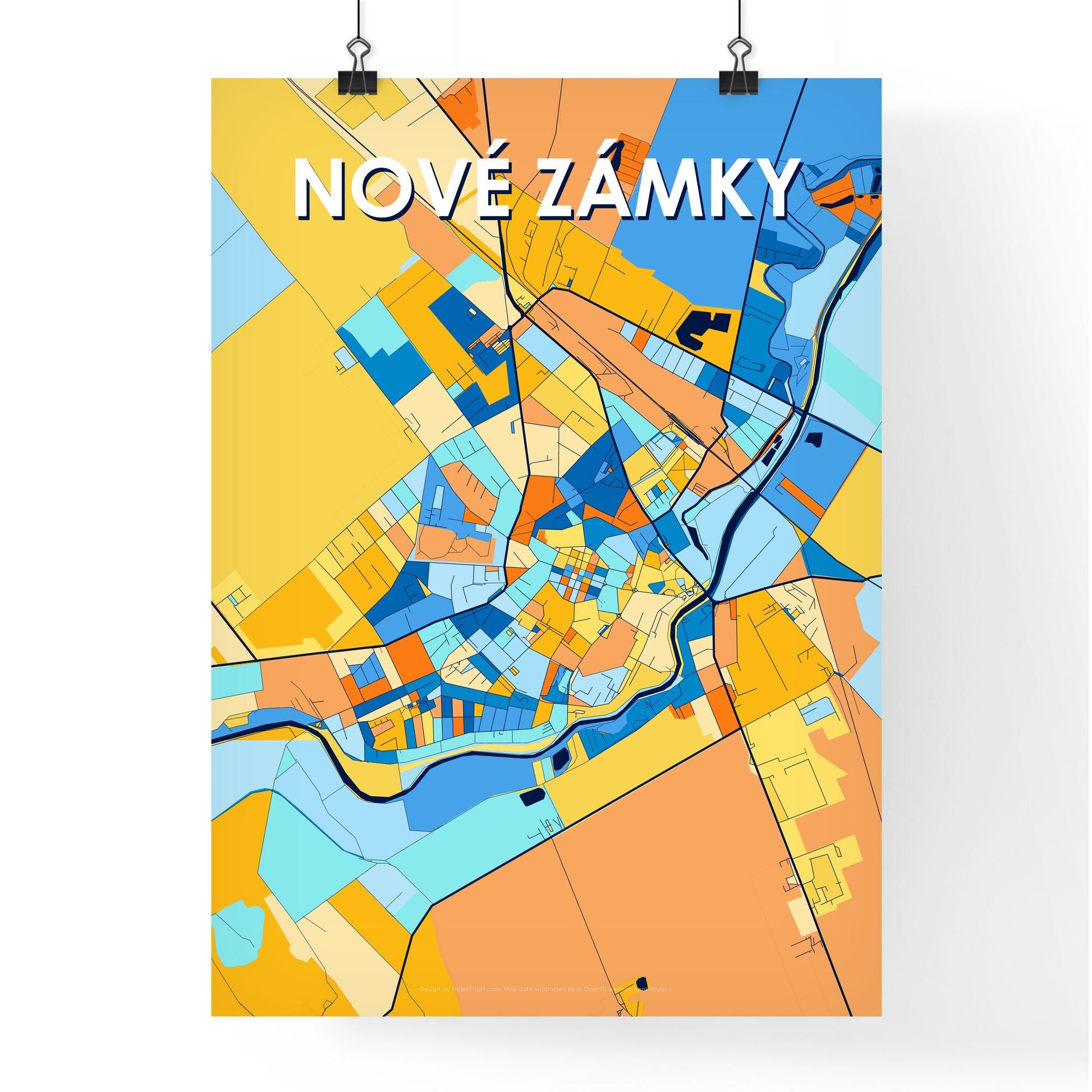 NOVÉ ZÁMKY SLOVAKIA Vibrant Colorful Art Map Poster Blue Orange