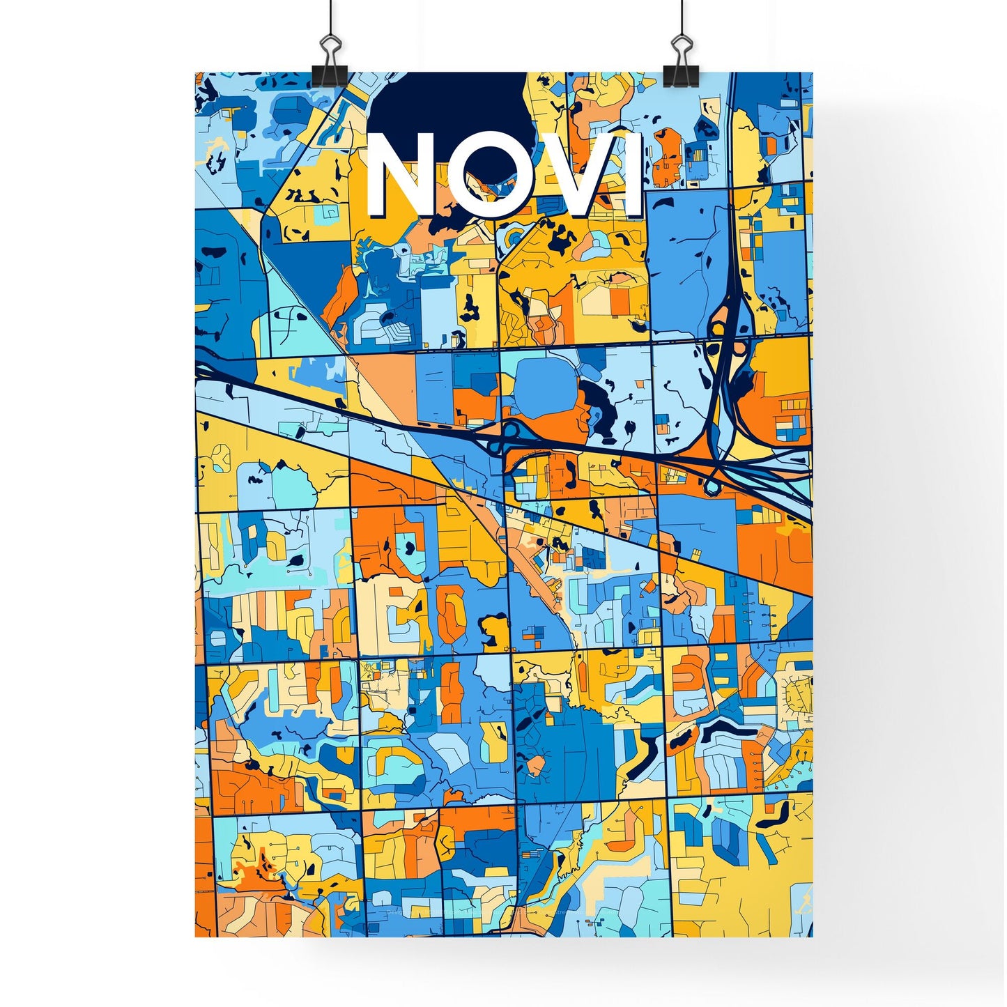 NOVI MICHIGAN Vibrant Colorful Art Map Poster Blue Orange