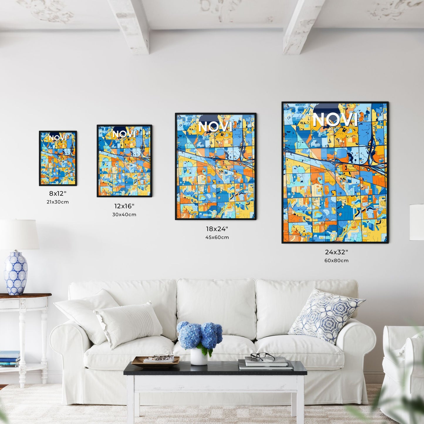 NOVI MICHIGAN Vibrant Colorful Art Map Poster Blue Orange