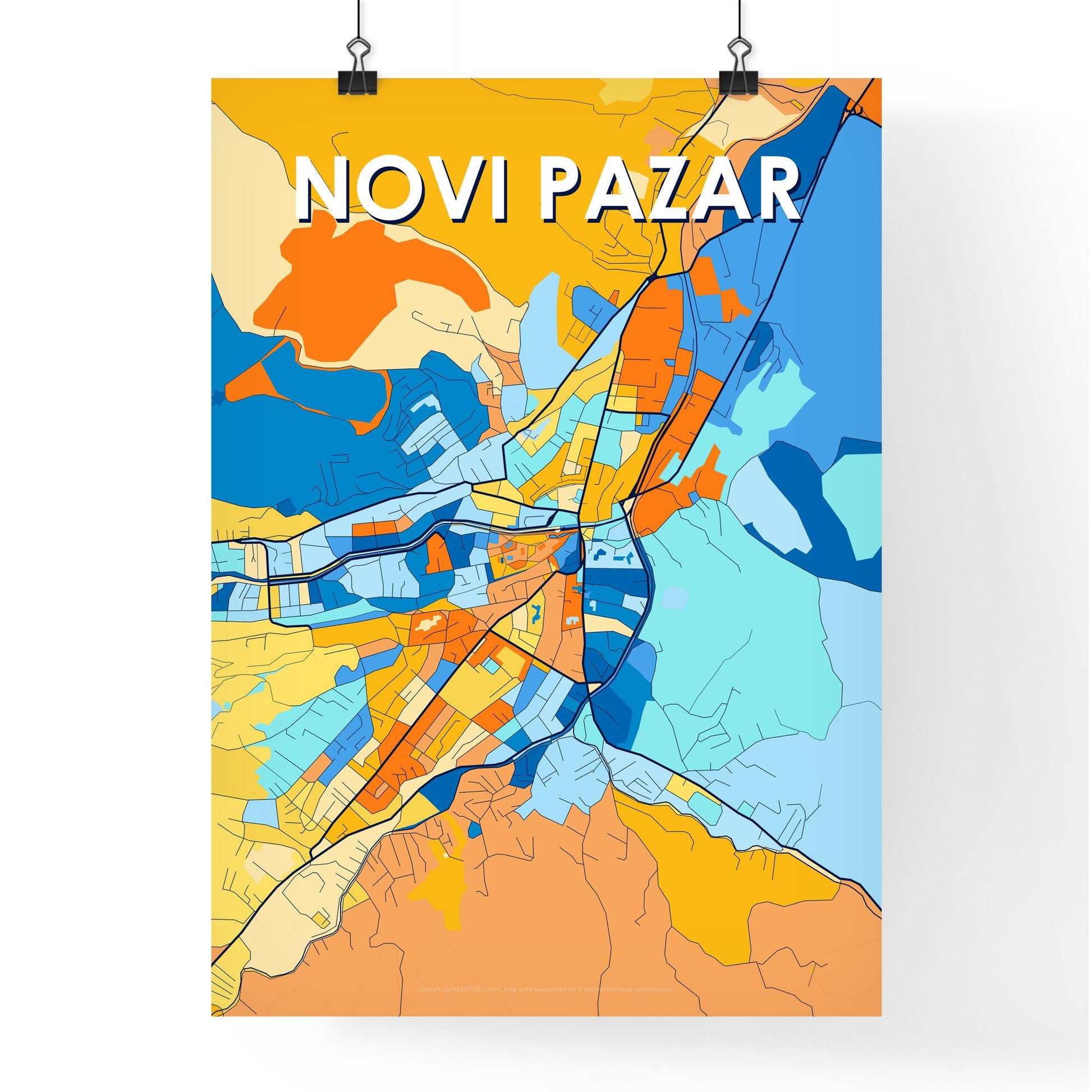 NOVI PAZAR SERBIA Vibrant Colorful Art Map Poster Blue Orange