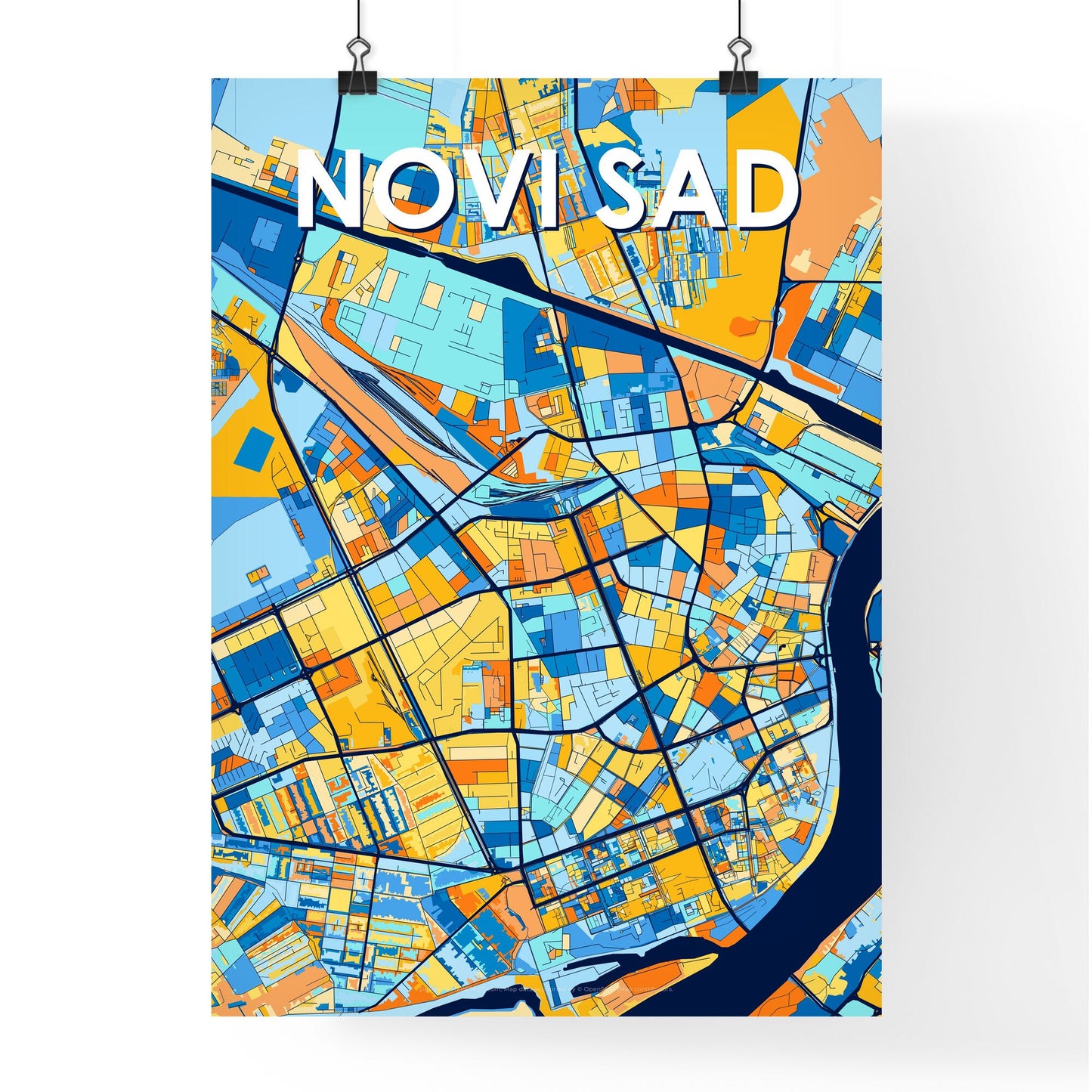 NOVI SAD SERBIA Vibrant Colorful Art Map Poster Blue Orange