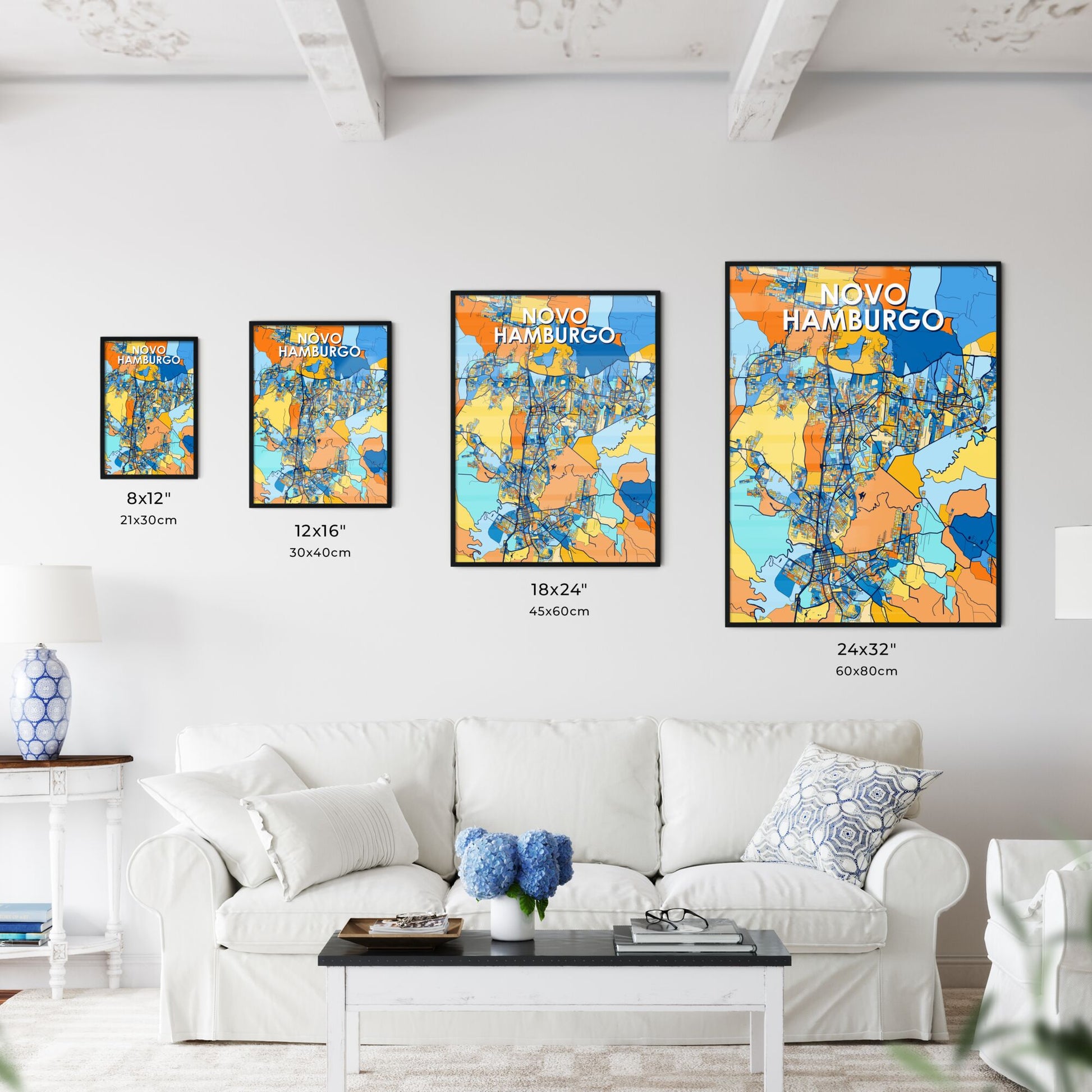 NOVO HAMBURGO BRAZIL Vibrant Colorful Art Map Poster Blue Orange