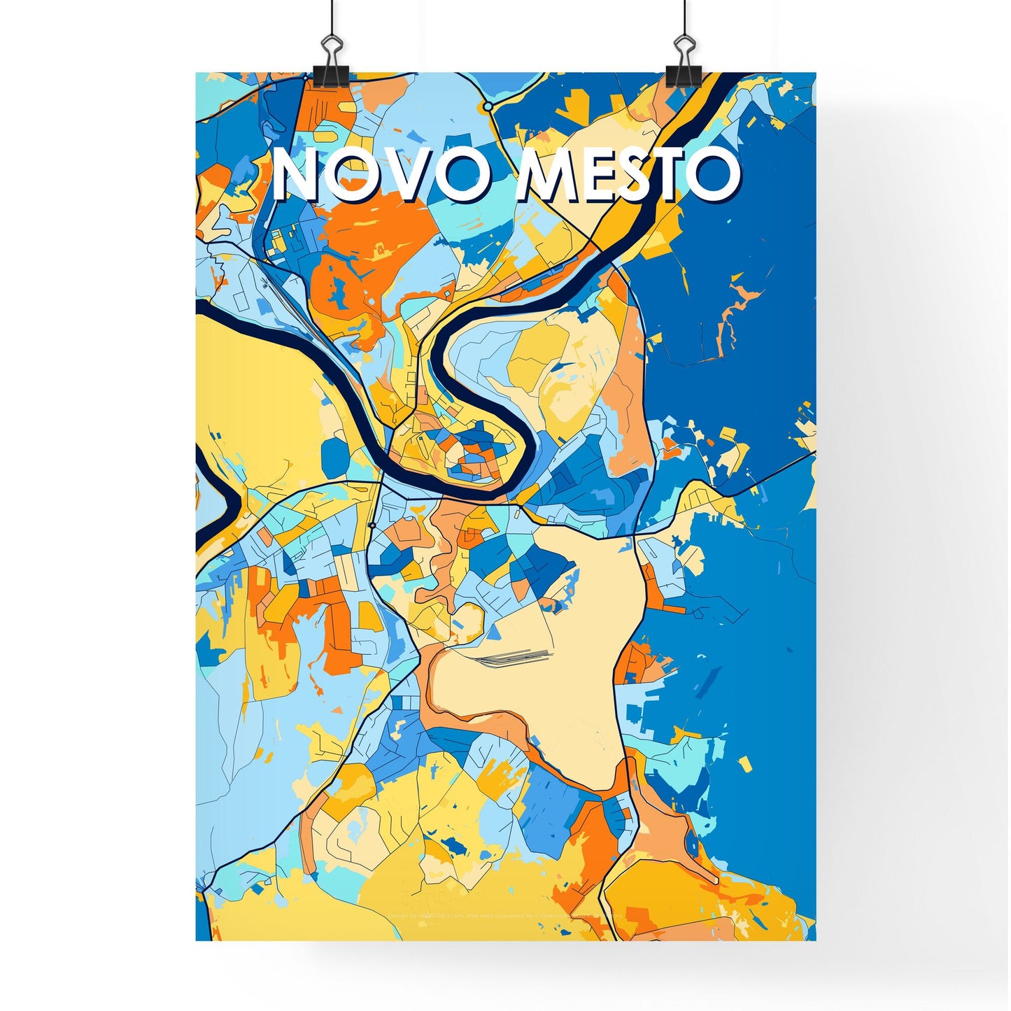 NOVO MESTO SLOVENIA Vibrant Colorful Art Map Poster Blue Orange