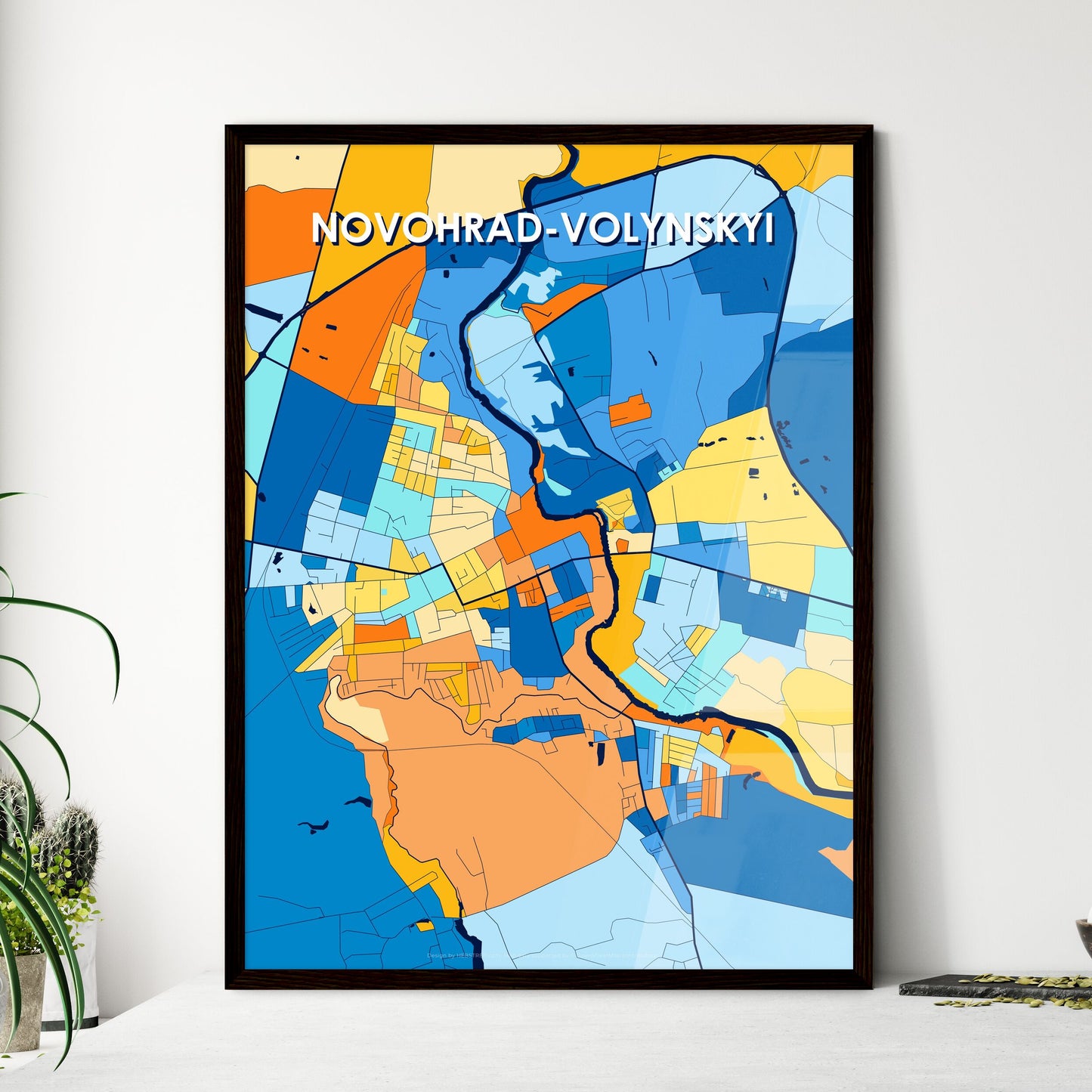 NOVOHRAD-VOLYNSKYI UKRAINE Vibrant Colorful Art Map Poster Blue Orange