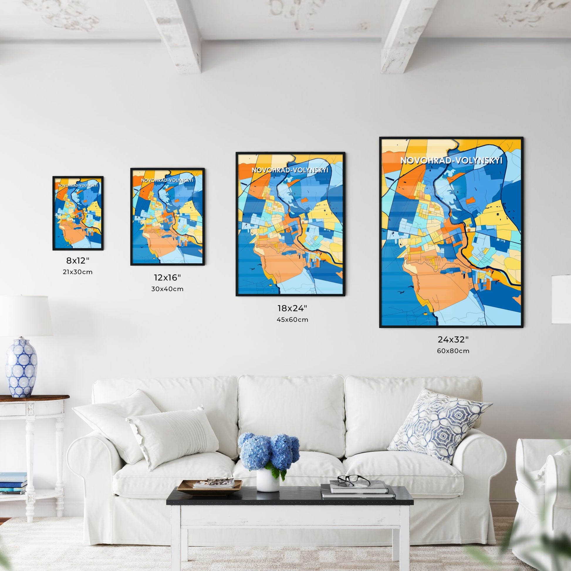 NOVOHRAD-VOLYNSKYI UKRAINE Vibrant Colorful Art Map Poster Blue Orange