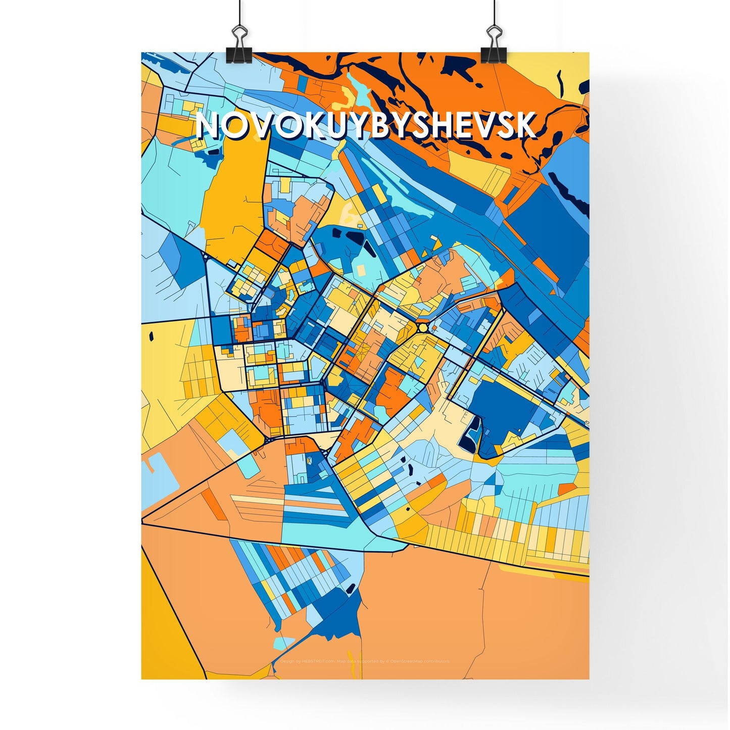 NOVOKUYBYSHEVSK RUSSIA Vibrant Colorful Art Map Poster Blue Orange