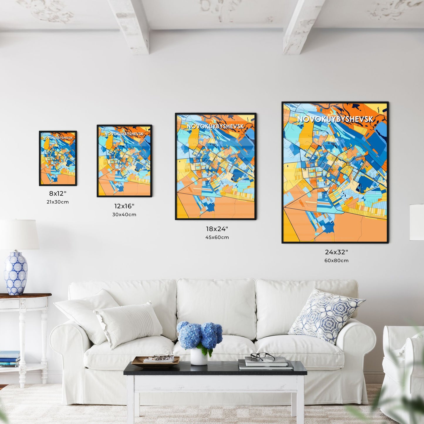 NOVOKUYBYSHEVSK RUSSIA Vibrant Colorful Art Map Poster Blue Orange