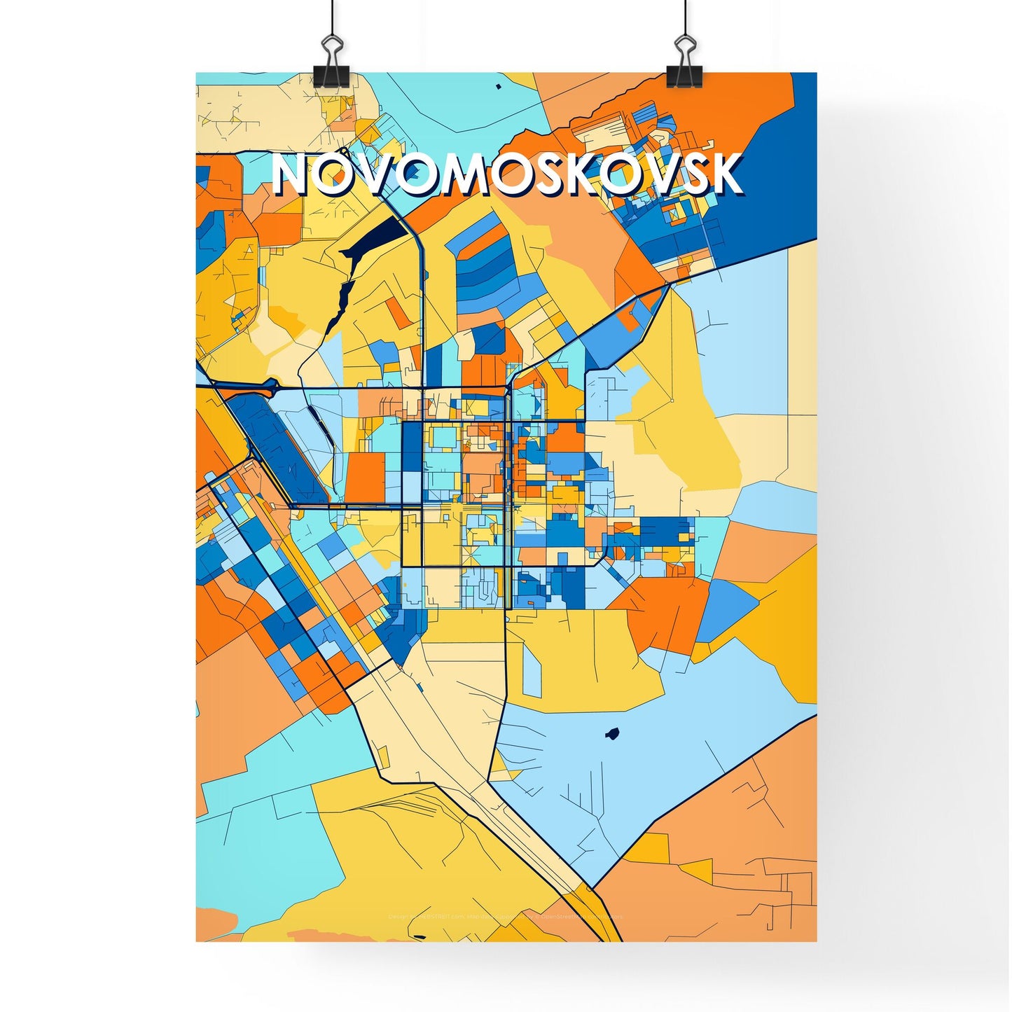 NOVOMOSKOVSK RUSSIA Vibrant Colorful Art Map Poster Blue Orange