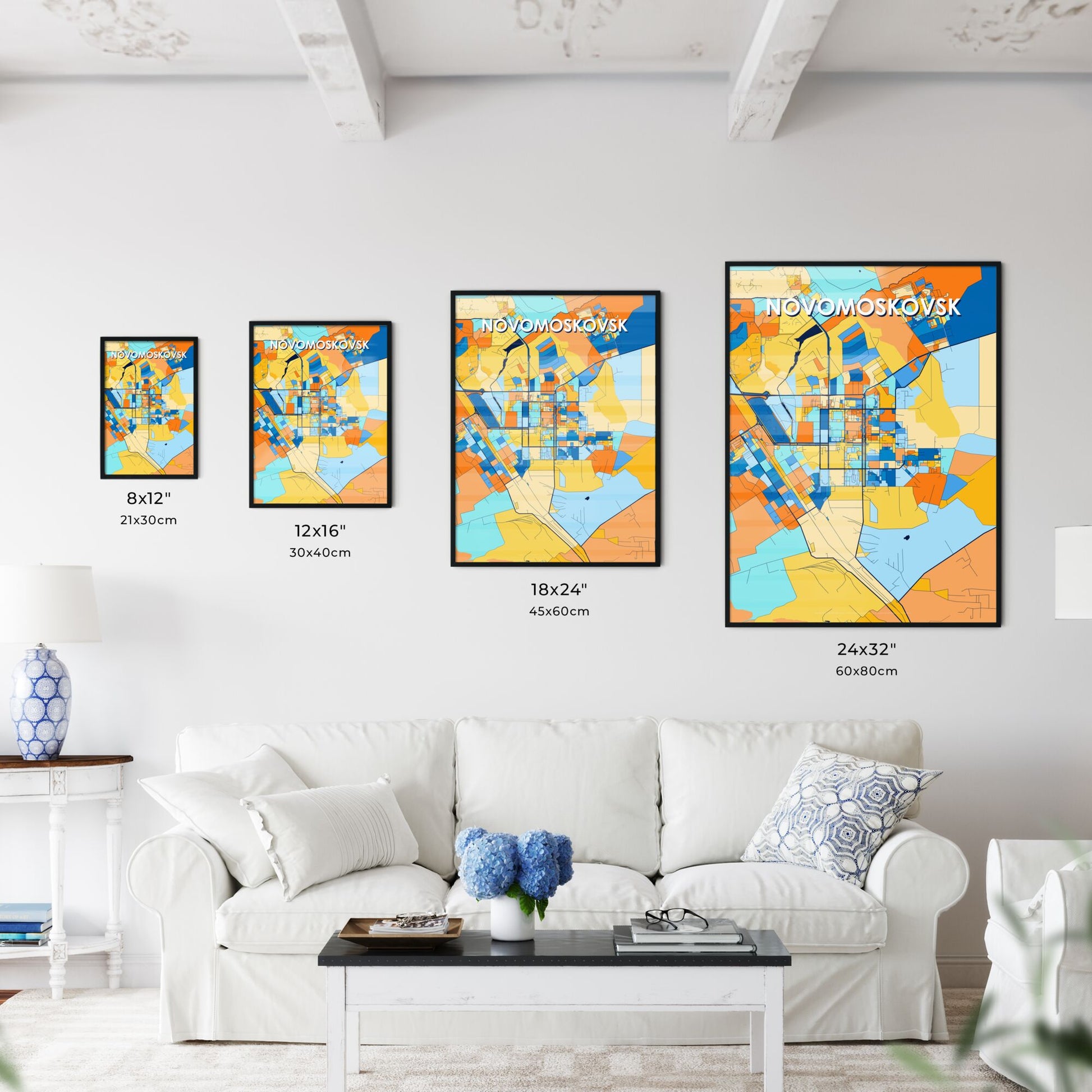 NOVOMOSKOVSK RUSSIA Vibrant Colorful Art Map Poster Blue Orange