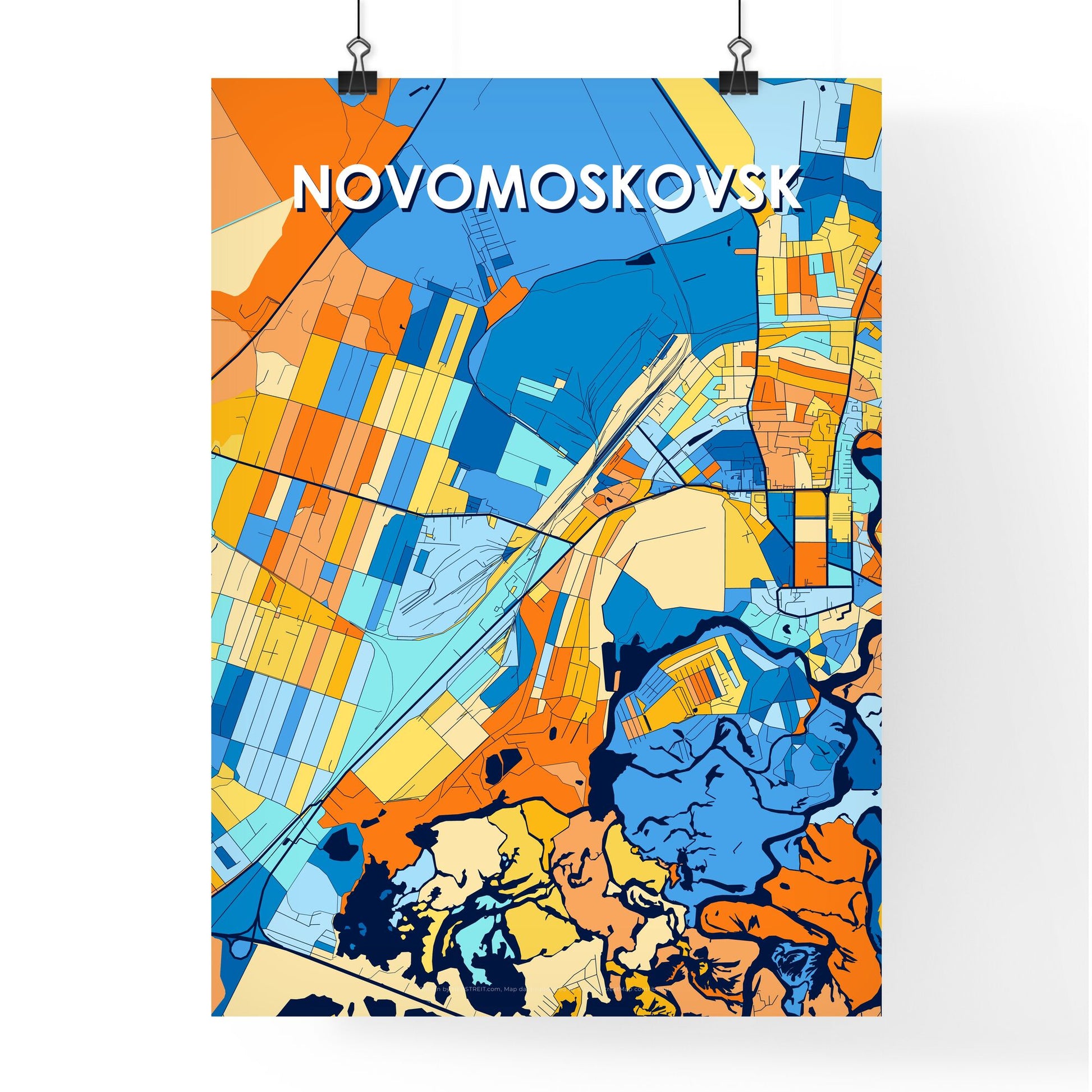 NOVOMOSKOVSK UKRAINE Vibrant Colorful Art Map Poster Blue Orange