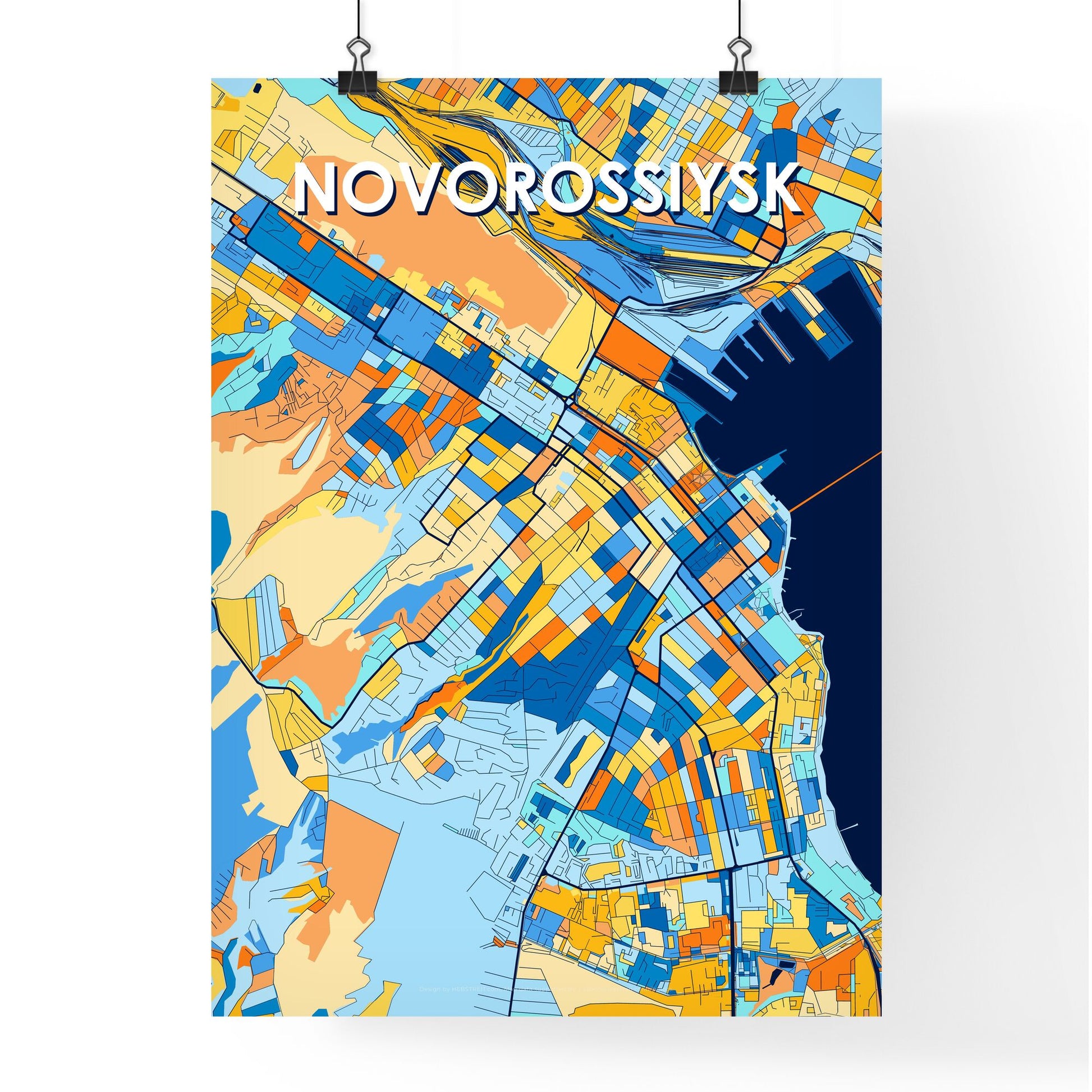 NOVOROSSIYSK RUSSIA Vibrant Colorful Art Map Poster Blue Orange