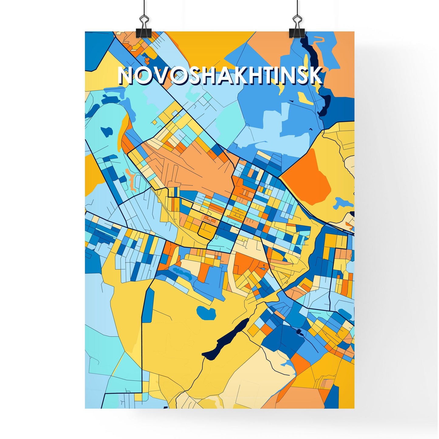 NOVOSHAKHTINSK RUSSIA Vibrant Colorful Art Map Poster Blue Orange