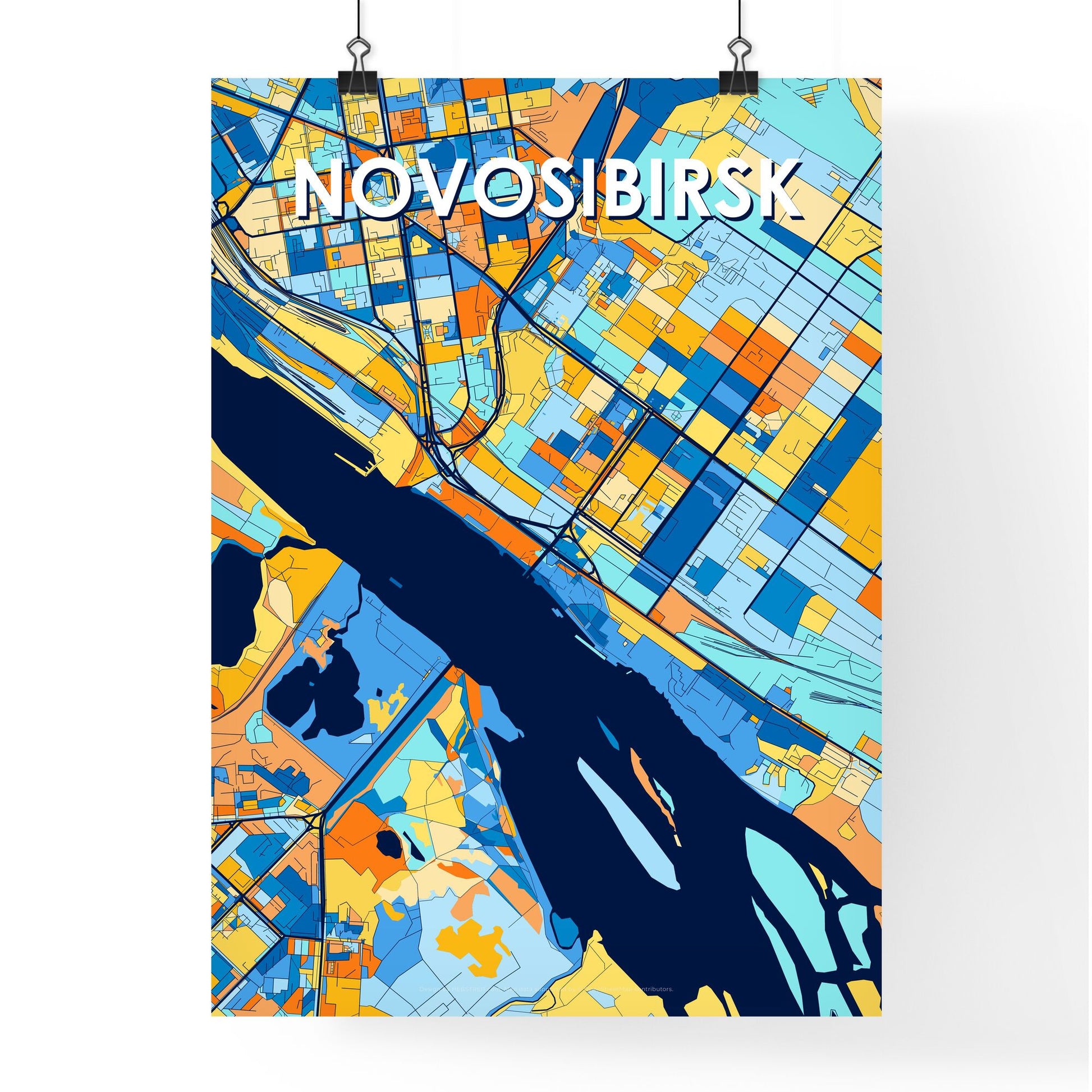 NOVOSIBIRSK RUSSIA Vibrant Colorful Art Map Poster Blue Orange