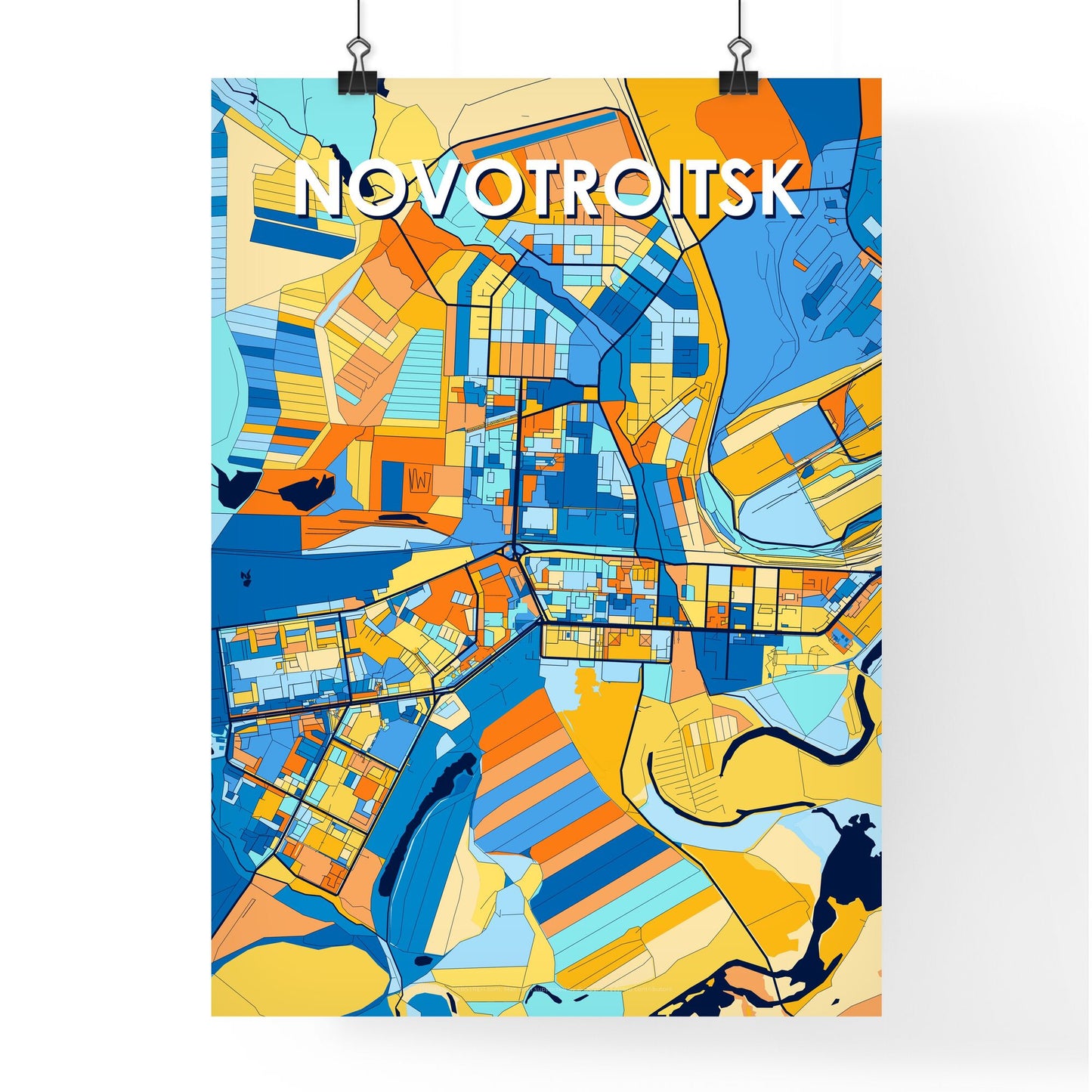 NOVOTROITSK RUSSIA Vibrant Colorful Art Map Poster Blue Orange