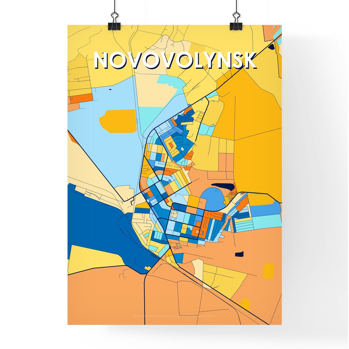 NOVOVOLYNSK UKRAINE Vibrant Colorful Art Map Poster Blue Orange