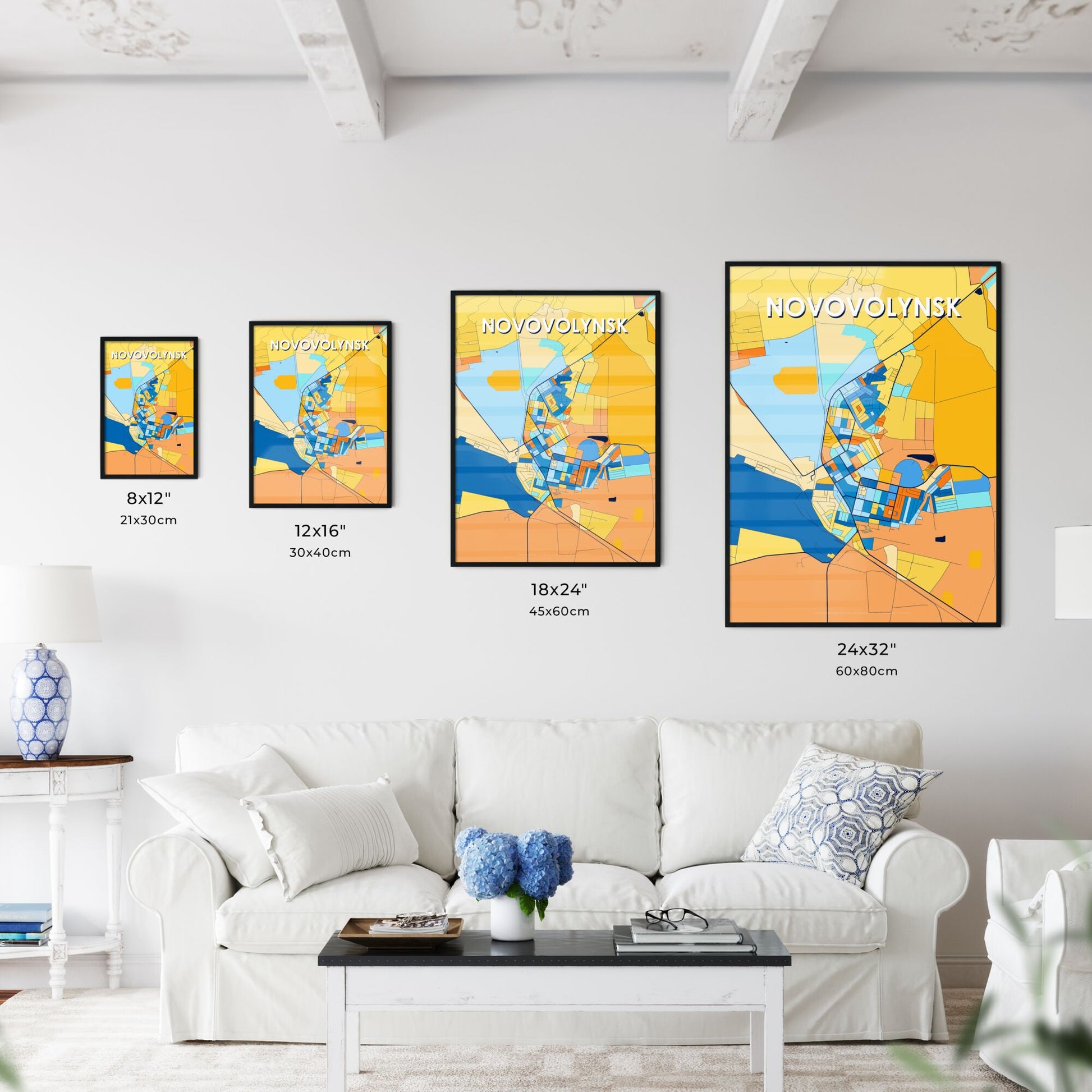 NOVOVOLYNSK UKRAINE Vibrant Colorful Art Map Poster Blue Orange