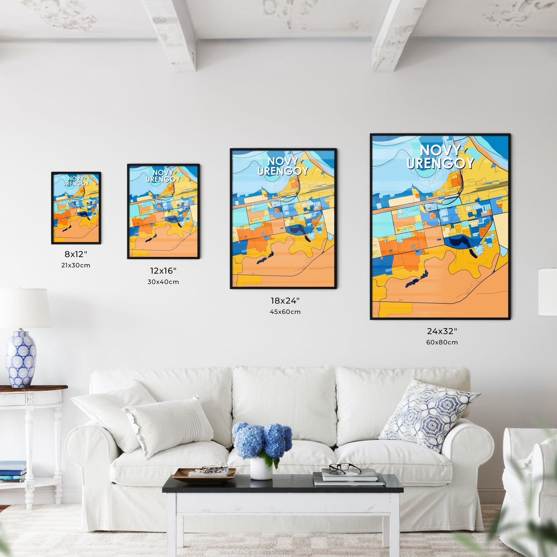 NOVY URENGOY RUSSIA Vibrant Colorful Art Map Poster Blue Orange