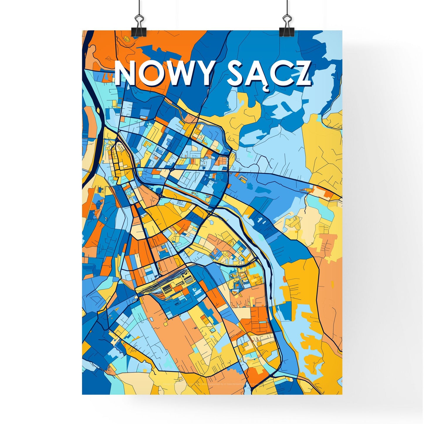 NOWY SĄCZ POLAND Vibrant Colorful Art Map Poster Blue Orange