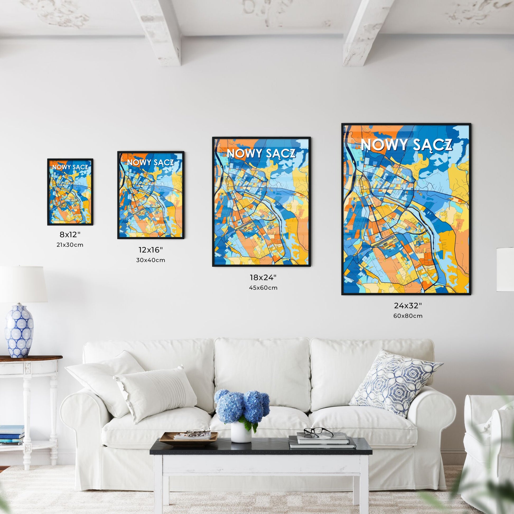 NOWY SĄCZ POLAND Vibrant Colorful Art Map Poster Blue Orange