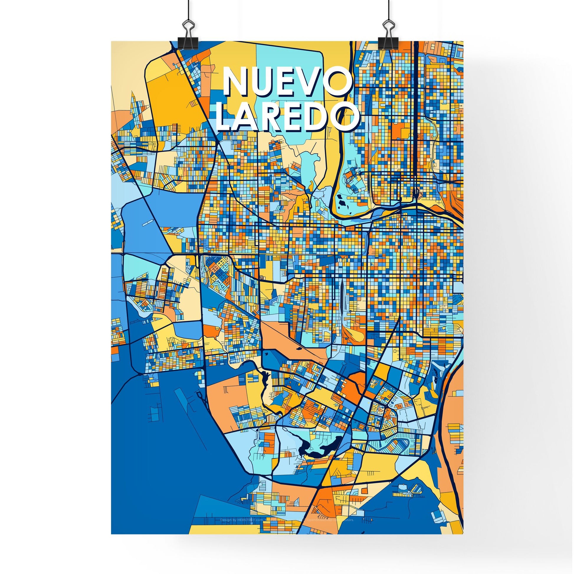 NUEVO LAREDO MEXICO Vibrant Colorful Art Map Poster Blue Orange