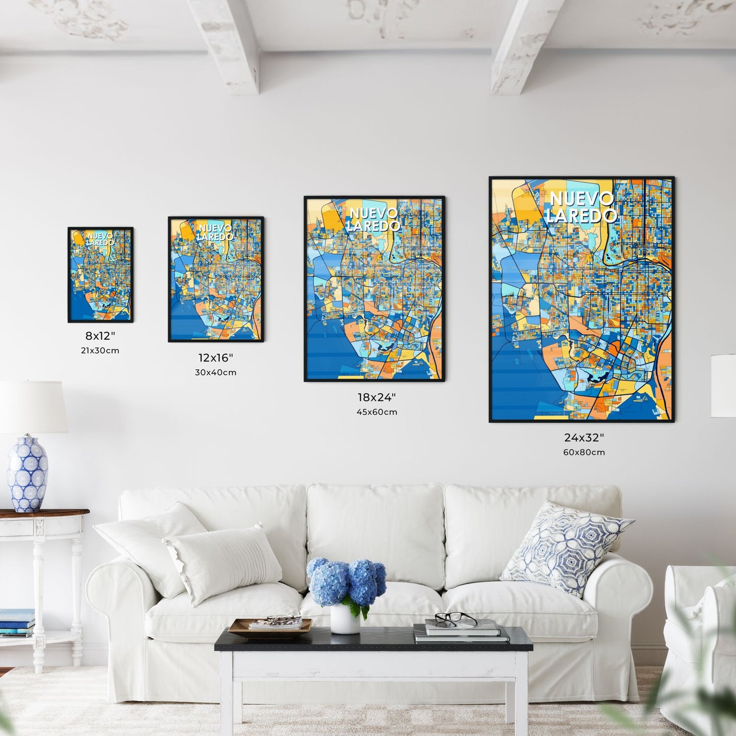 NUEVO LAREDO MEXICO Vibrant Colorful Art Map Poster Blue Orange