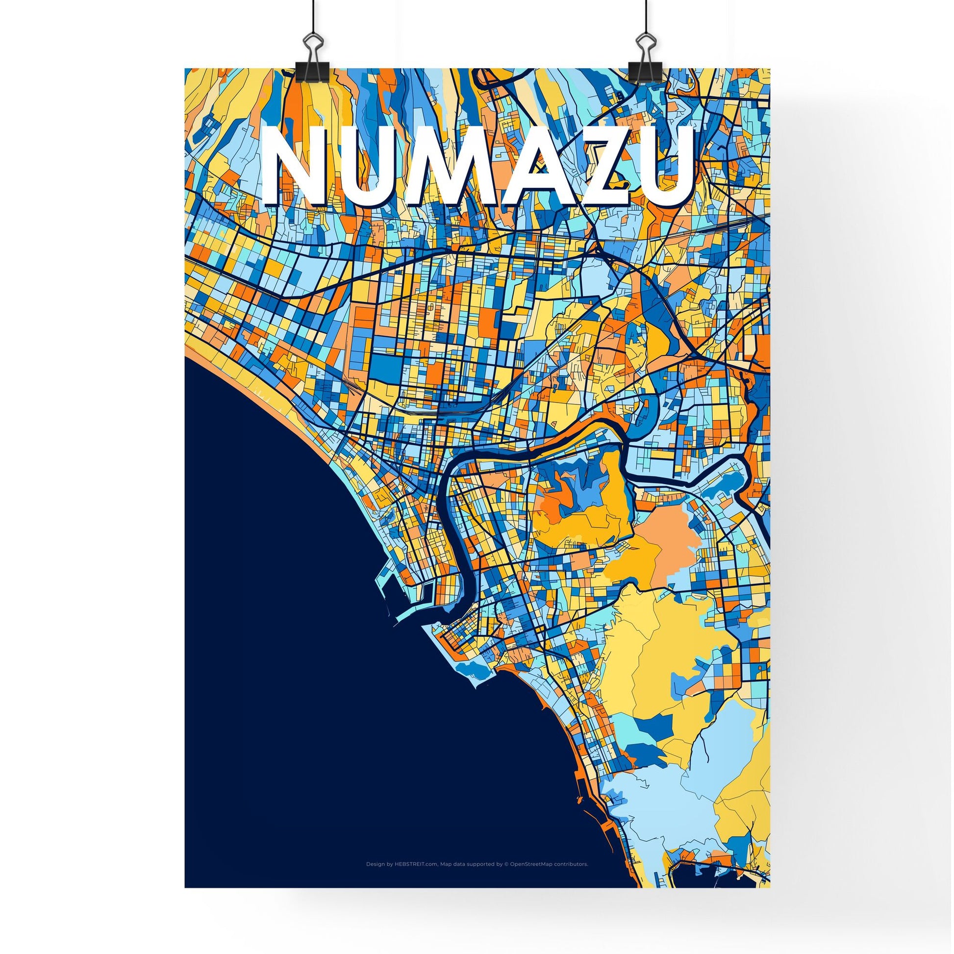 NUMAZU JAPAN Vibrant Colorful Art Map Poster Blue Orange