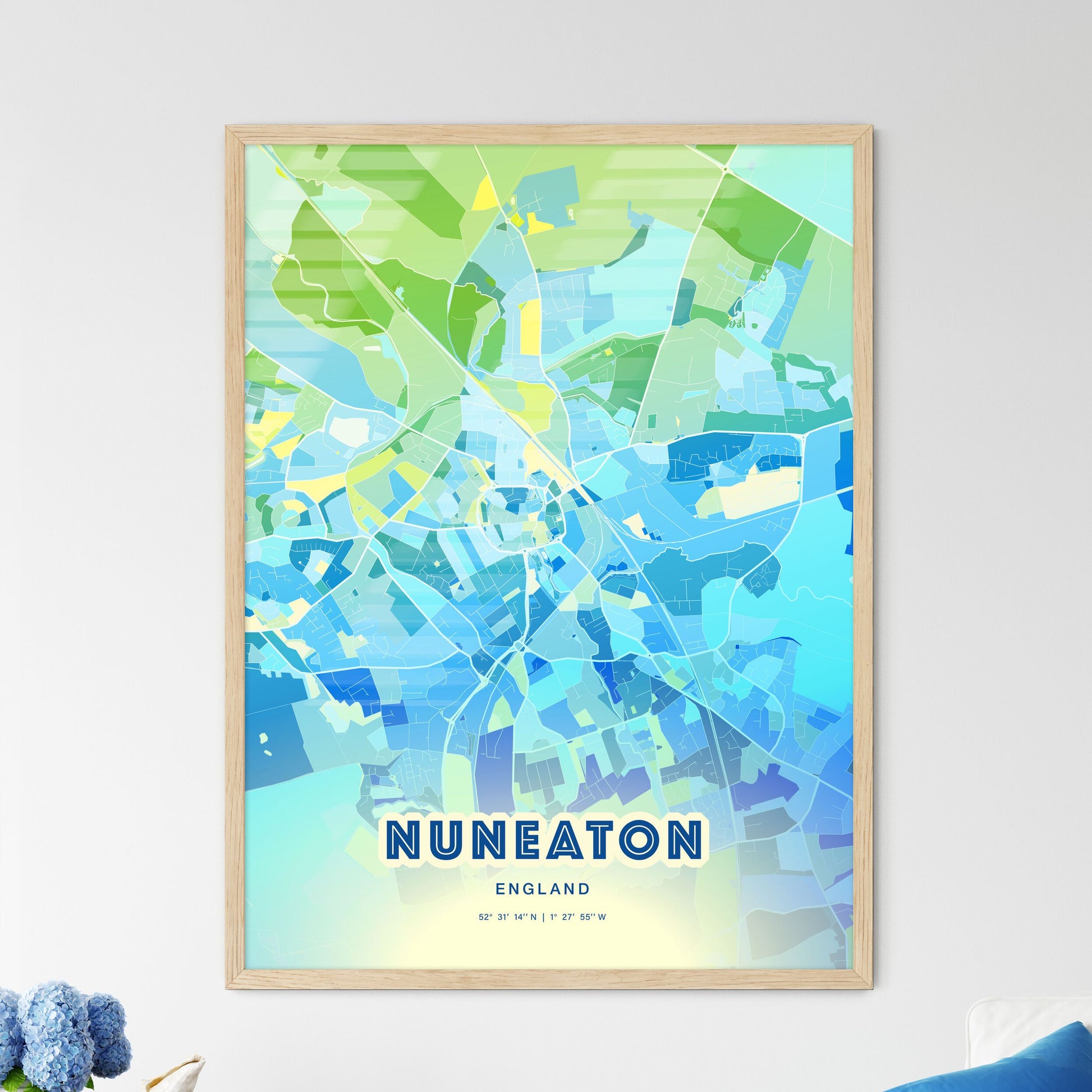 Colorful Nuneaton England Fine Art Map Cool Blue