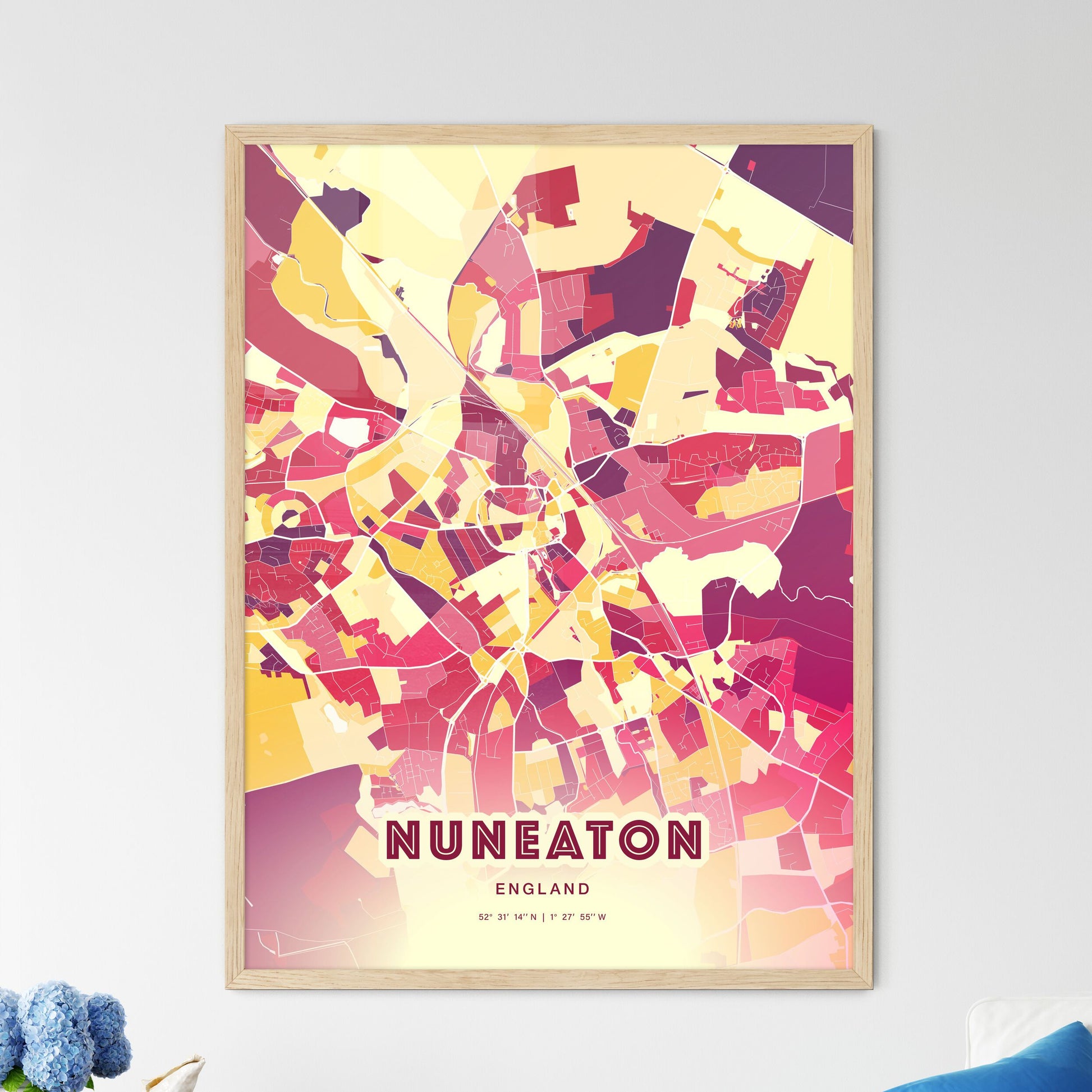 Colorful Nuneaton England Fine Art Map Hot Red