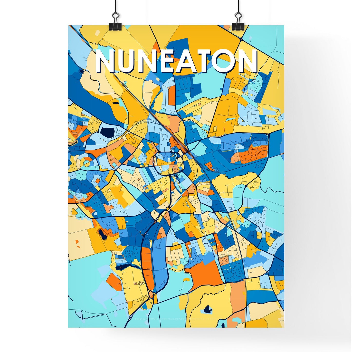 NUNEATON ENGLAND Vibrant Colorful Art Map Poster Blue Orange