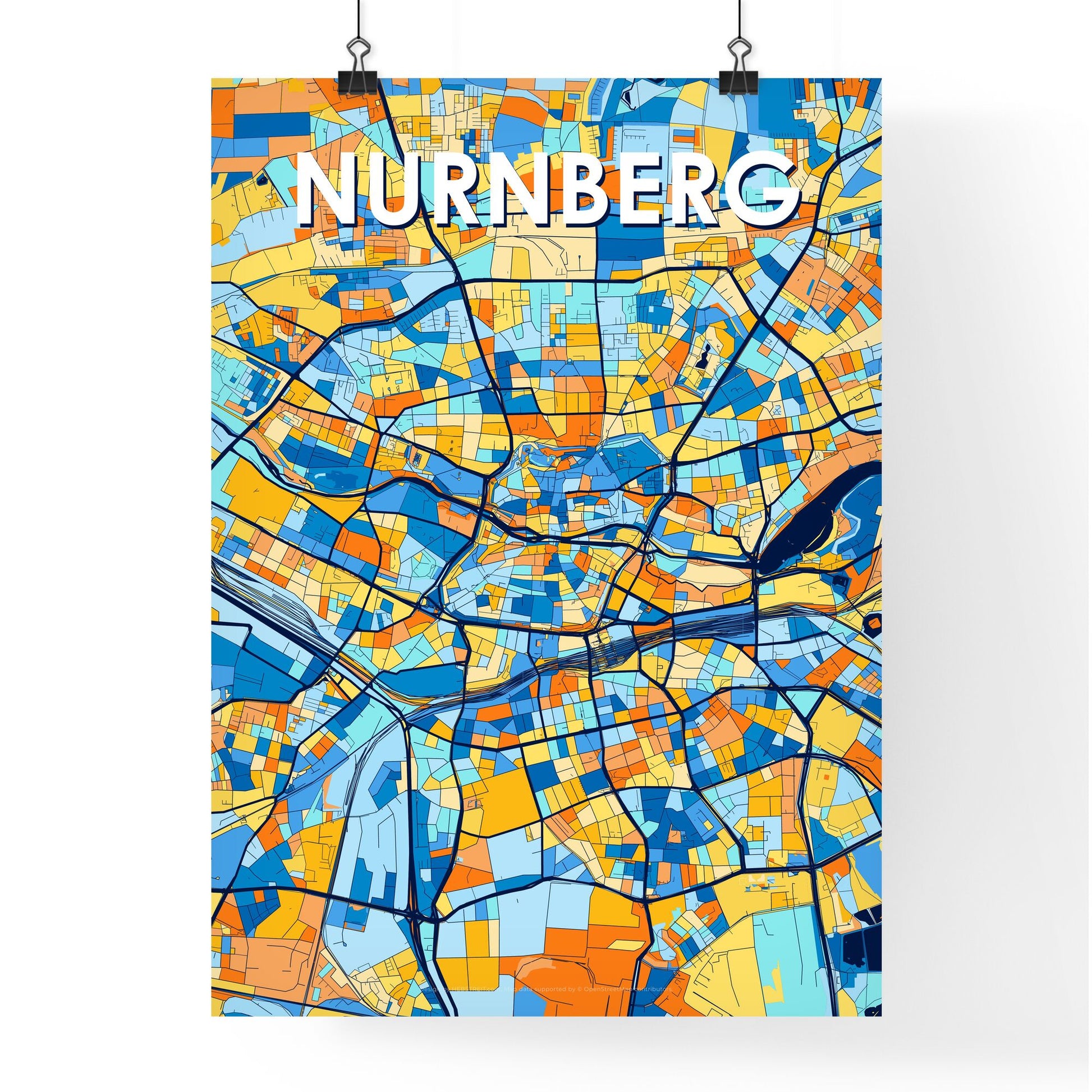 NURNBERG GERMANY Vibrant Colorful Art Map Poster Blue Orange