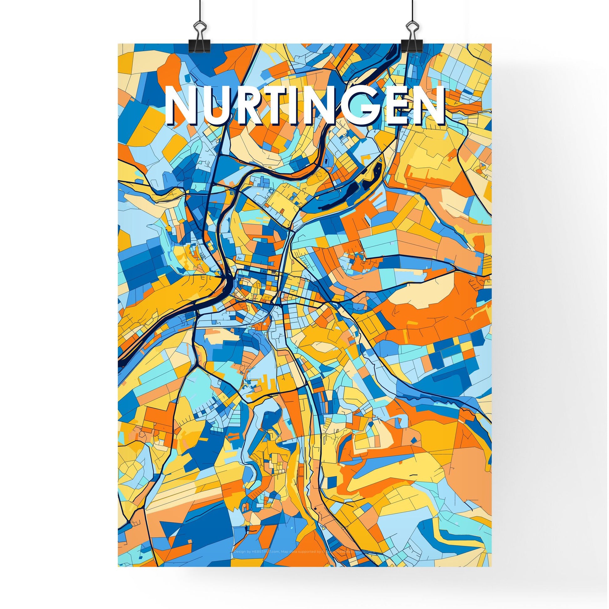 NURTINGEN GERMANY Vibrant Colorful Art Map Poster Blue Orange