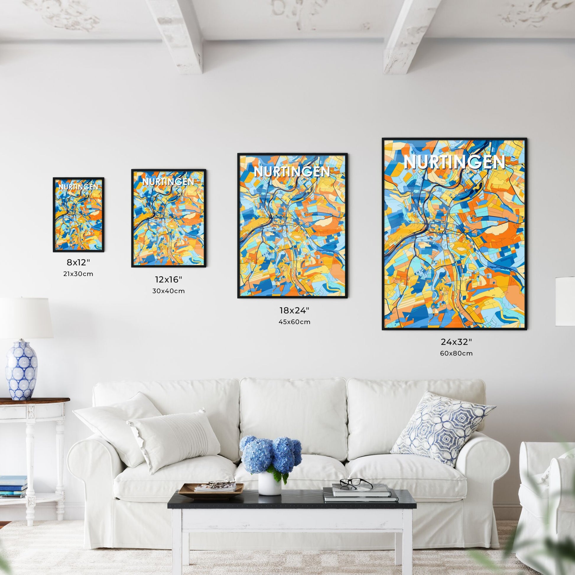 NURTINGEN GERMANY Vibrant Colorful Art Map Poster Blue Orange