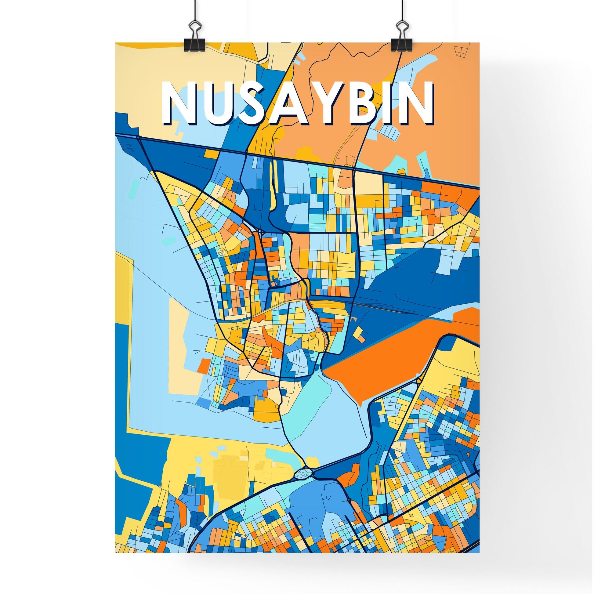 NUSAYBIN TURKEY Vibrant Colorful Art Map Poster Blue Orange